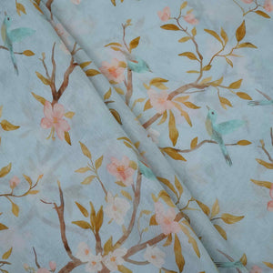 Ice Blue floral print Pure Linen Fabric GTS-31340 - TradeUNO