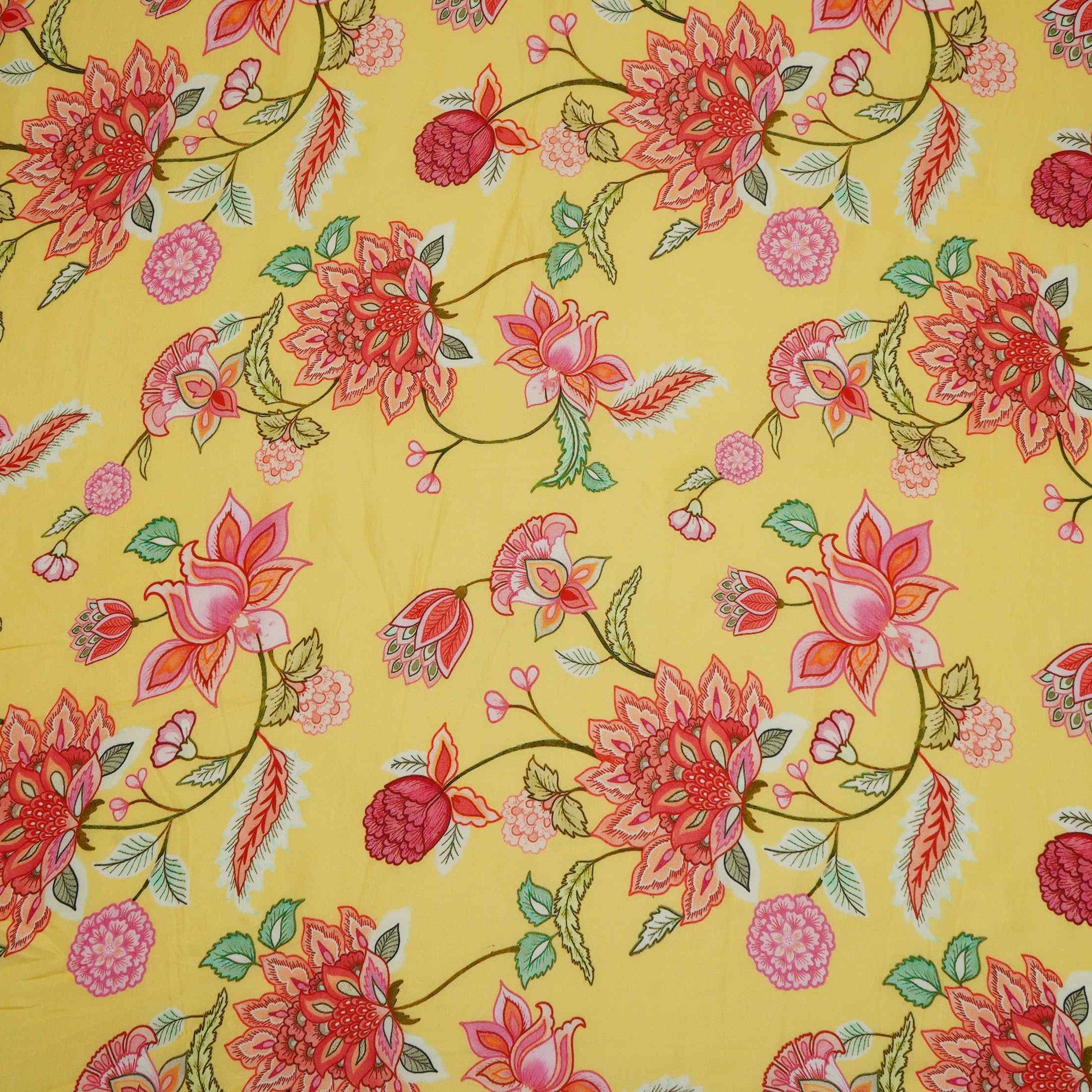 Pale Yellow Mughal Floral Print Muslin Fabric GTS-30942 - TradeUNO