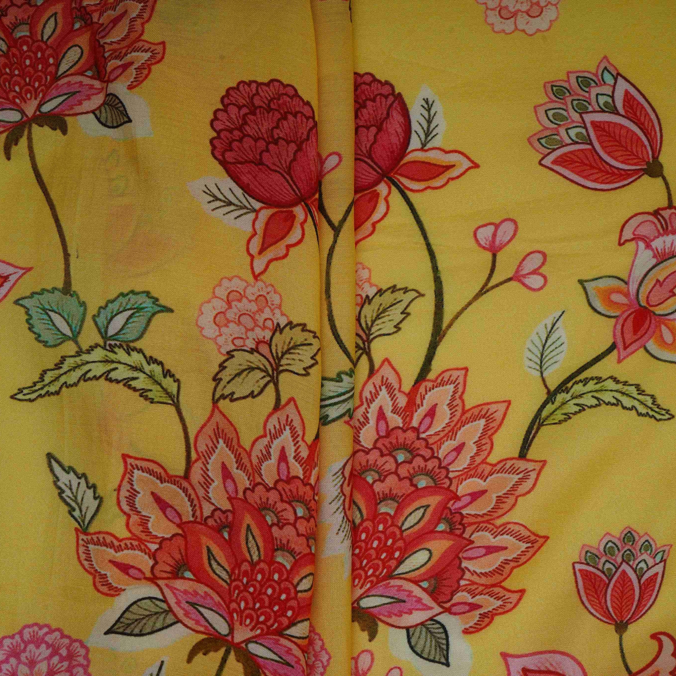 Pale Yellow Mughal Floral Print Muslin Fabric GTS-30942 - TradeUNO