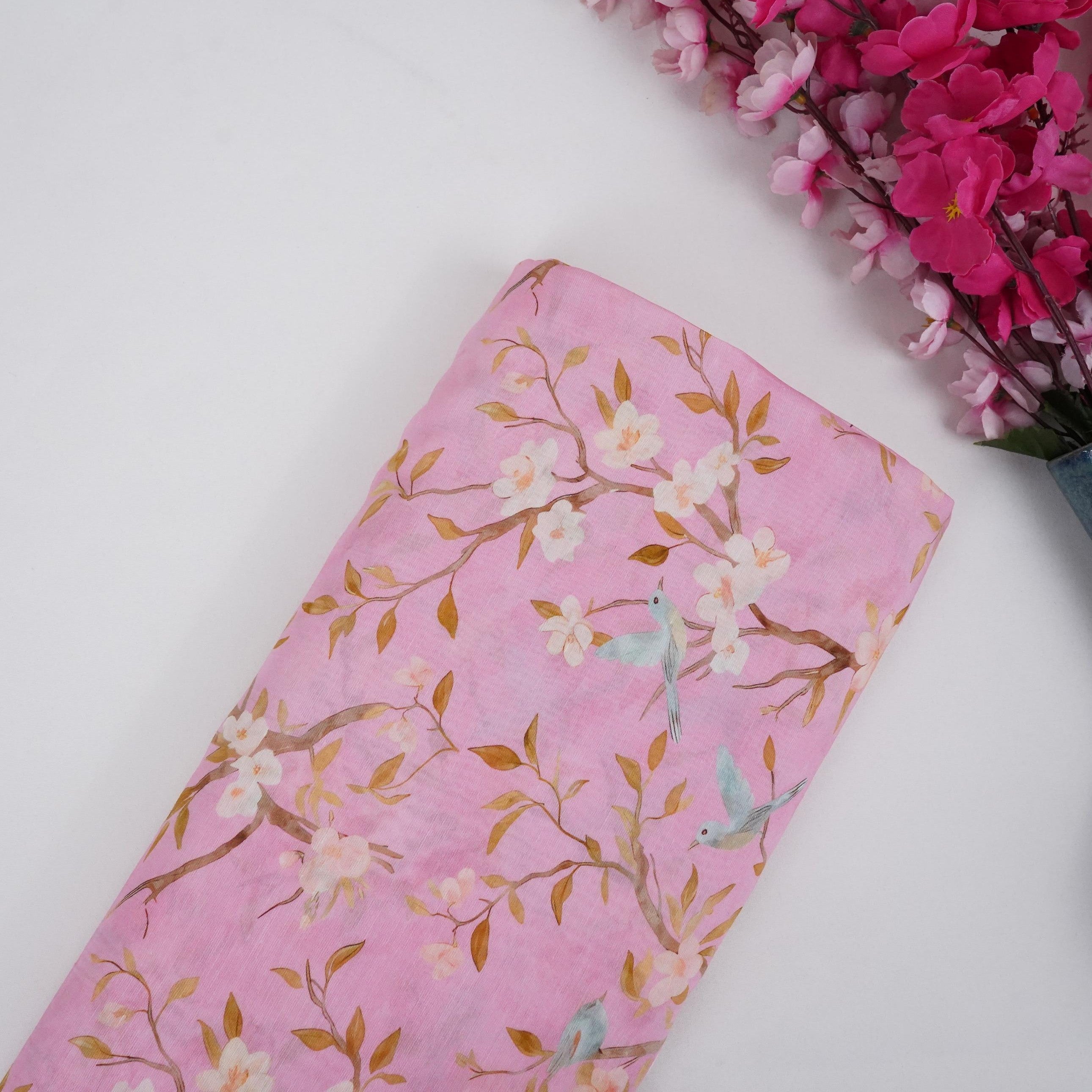 Blush Pink floral print Pure Linen Fabric GTS-31337 - TradeUNO