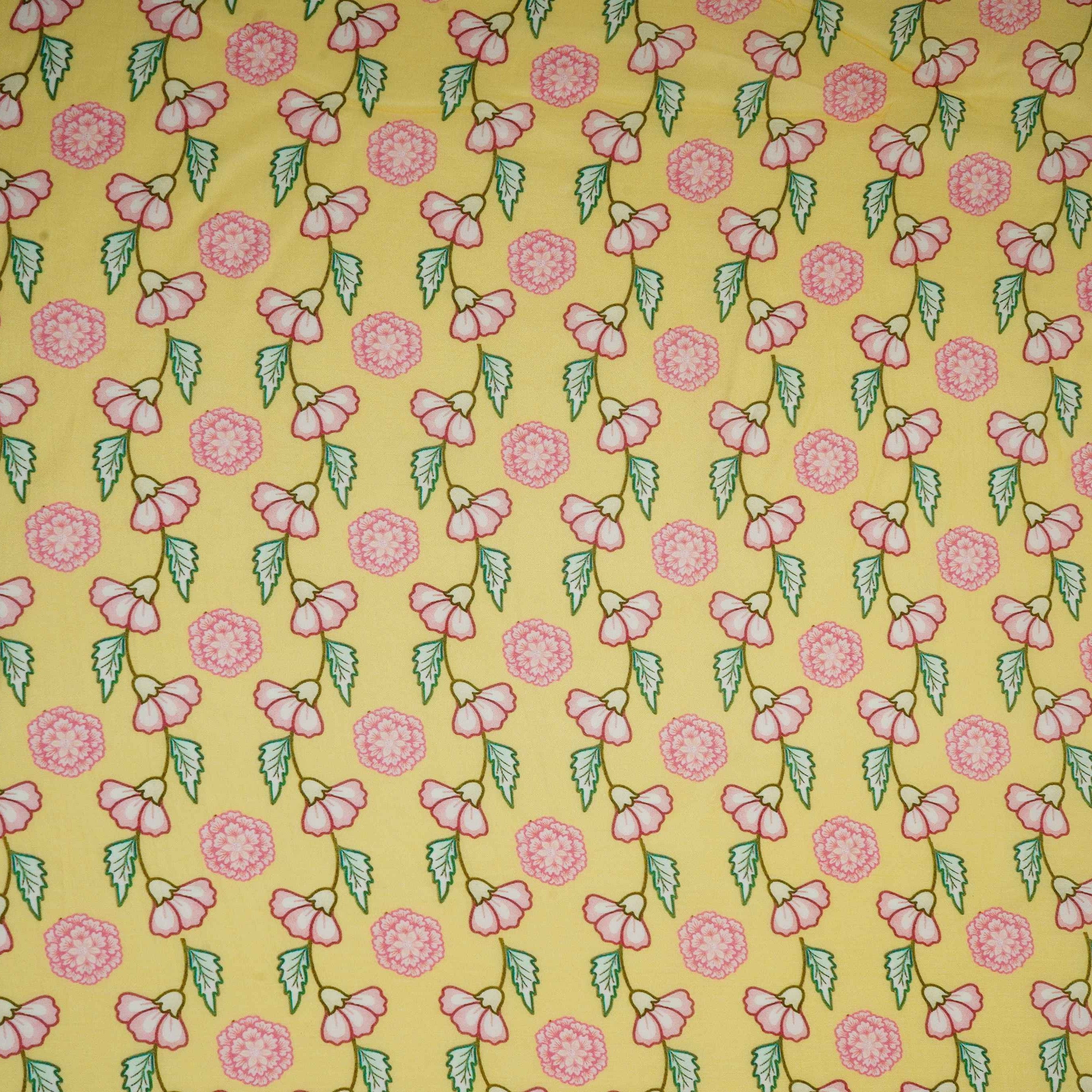 Pale Yellow Floral Print Muslin Fabric GTS-30943 - TradeUNO