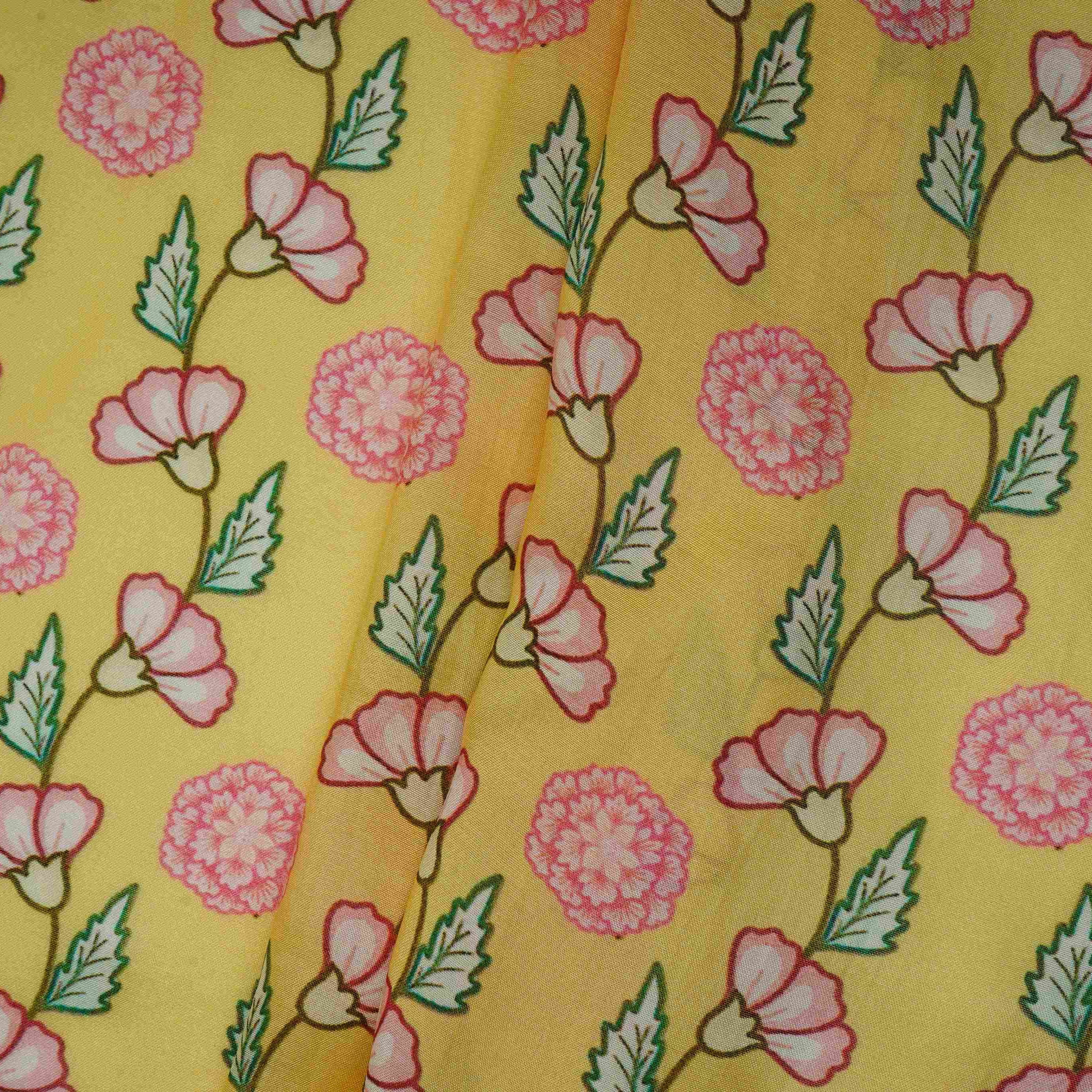 Pale Yellow Floral Print Muslin Fabric GTS-30943 - TradeUNO