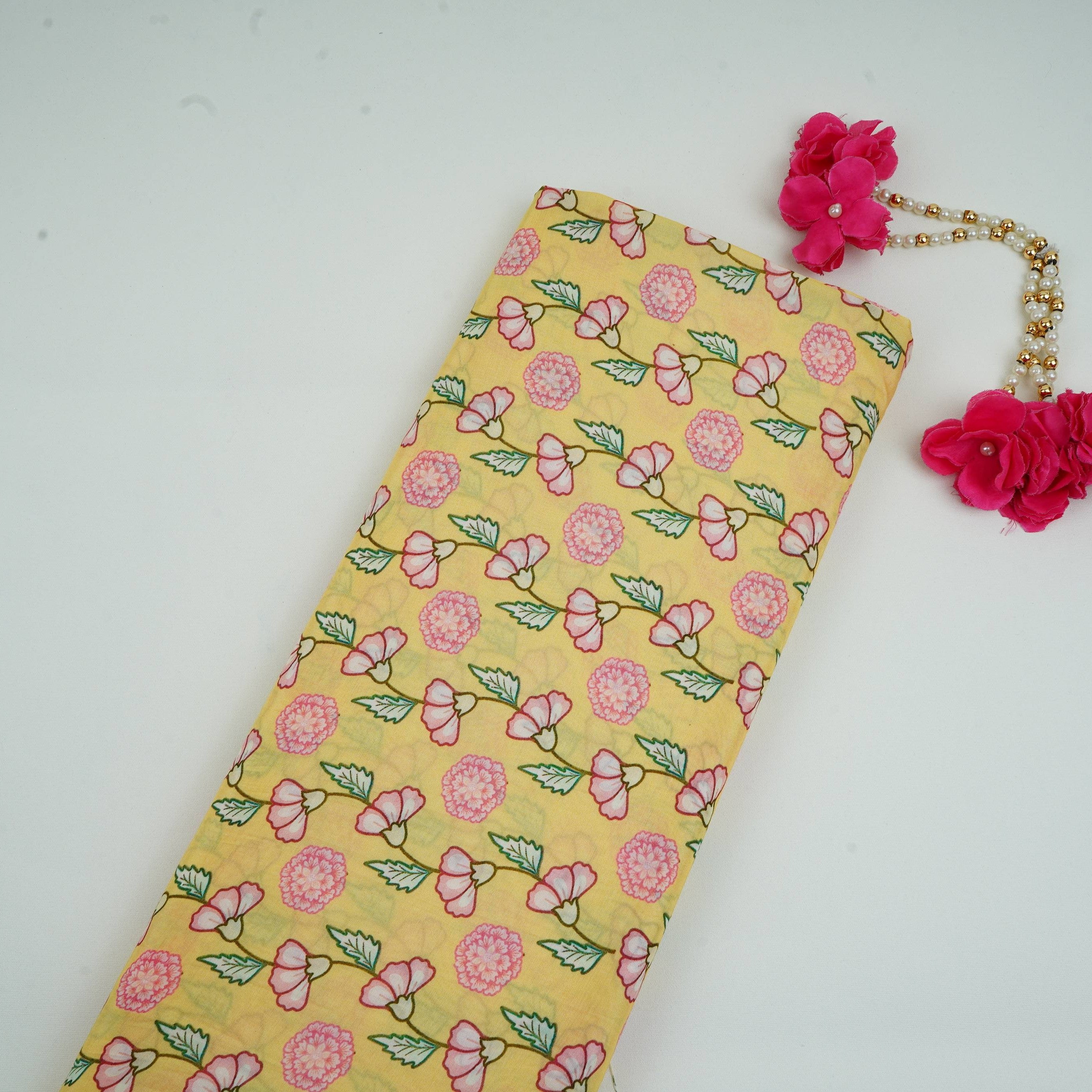 Pale Yellow Floral Print Muslin Fabric GTS-30943 - TradeUNO