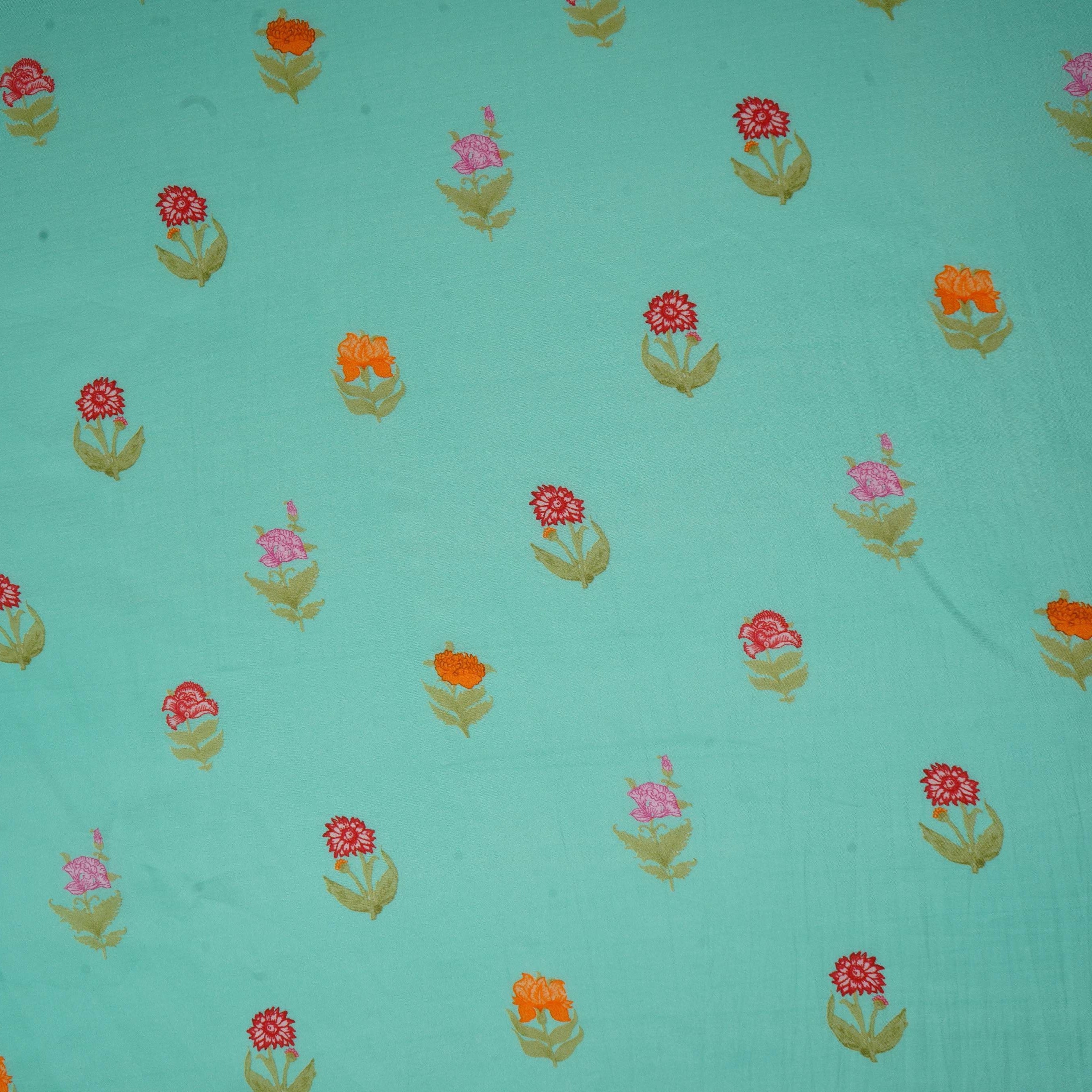Light Turquoise Floral Print Muslin Fabric GTS-30936 - TradeUNO