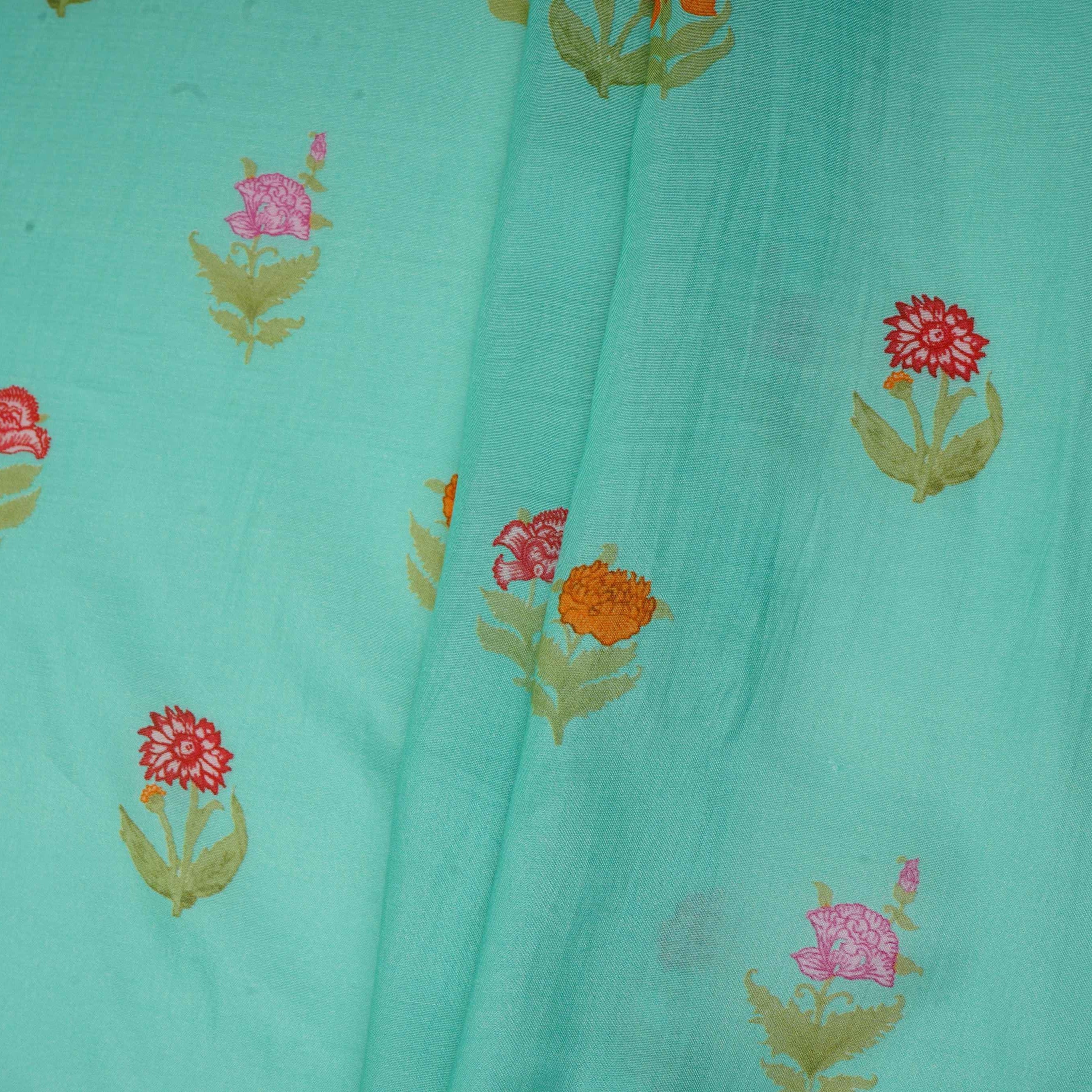 Light Turquoise Floral Print Muslin Fabric GTS-30936 - TradeUNO