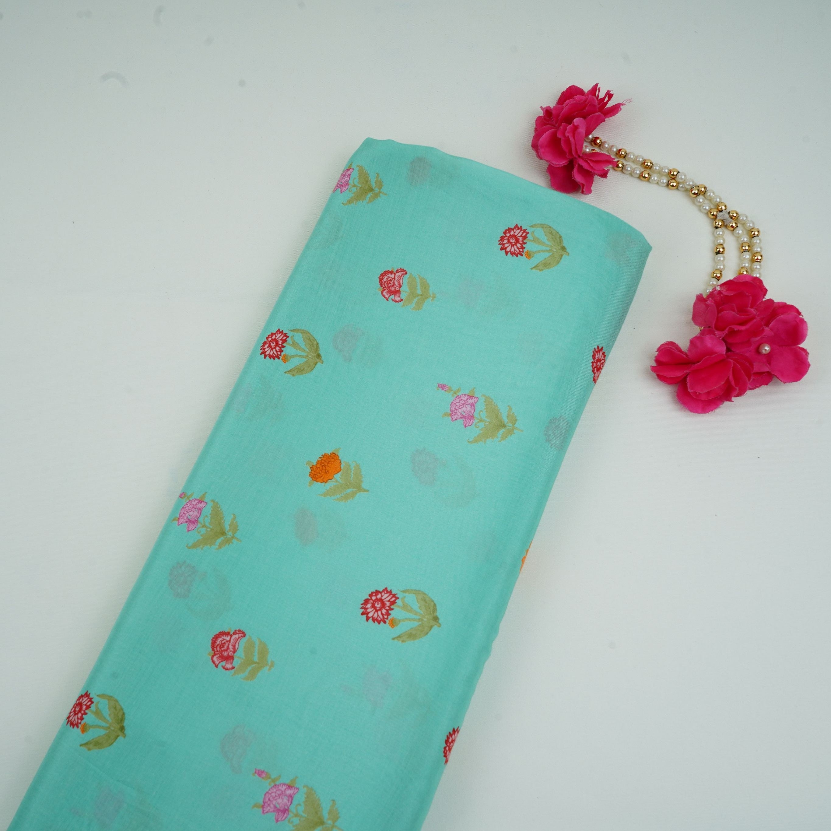 Light Turquoise Floral Print Muslin Fabric GTS-30936 - TradeUNO