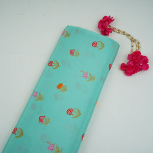 Light Turquoise Floral Print Muslin Fabric GTS-30936 - TradeUNO