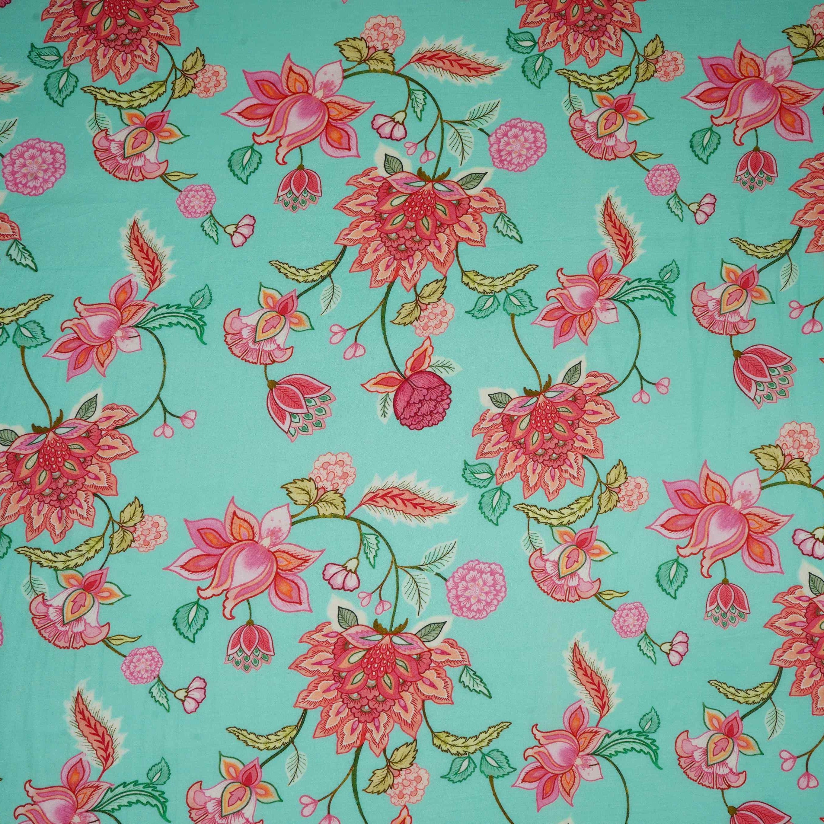 Sea Green Mughal Floral Print Muslin Fabric GTS-30944 - TradeUNO