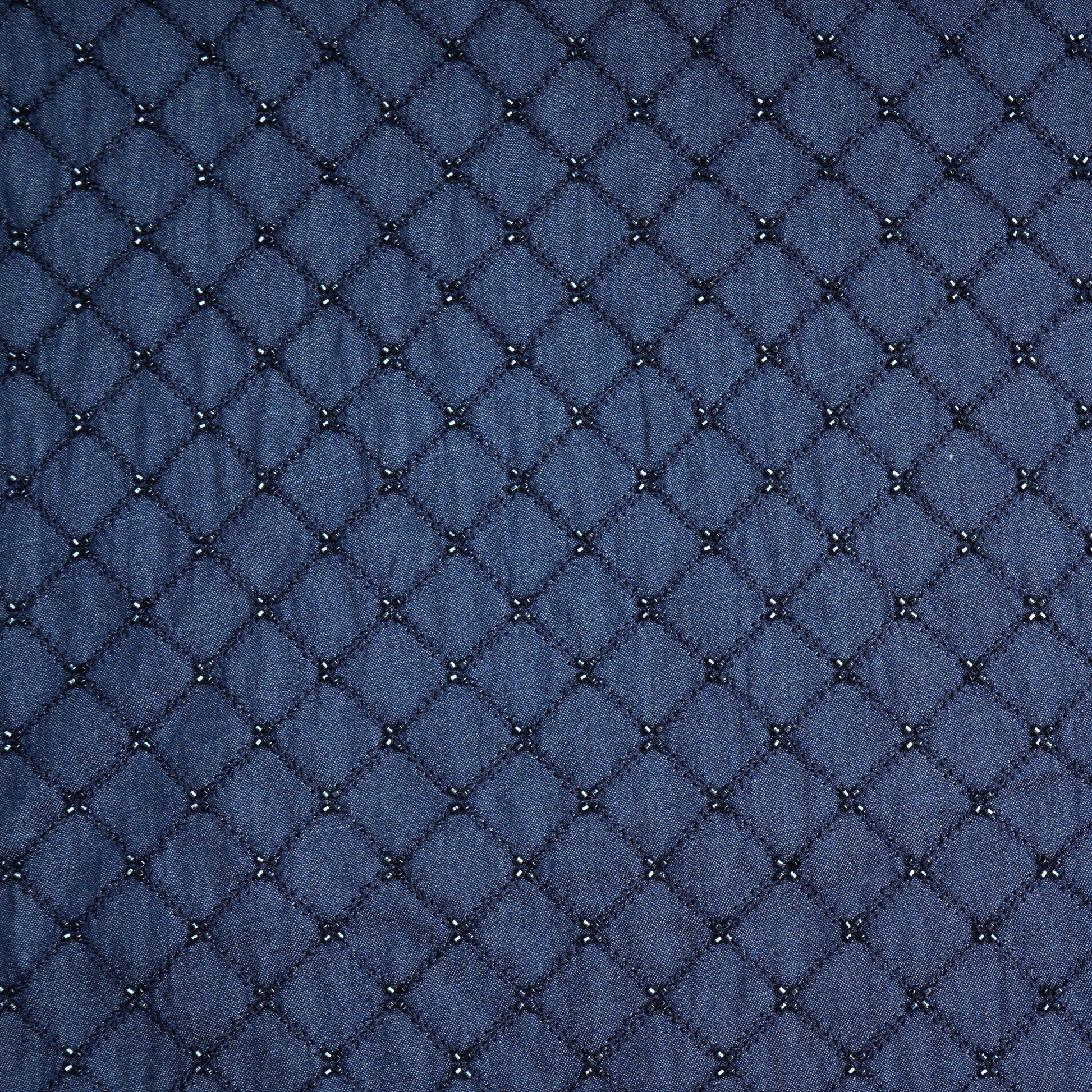 Blue Cutdana & Pearl Embroidery Denim Fabric 20373