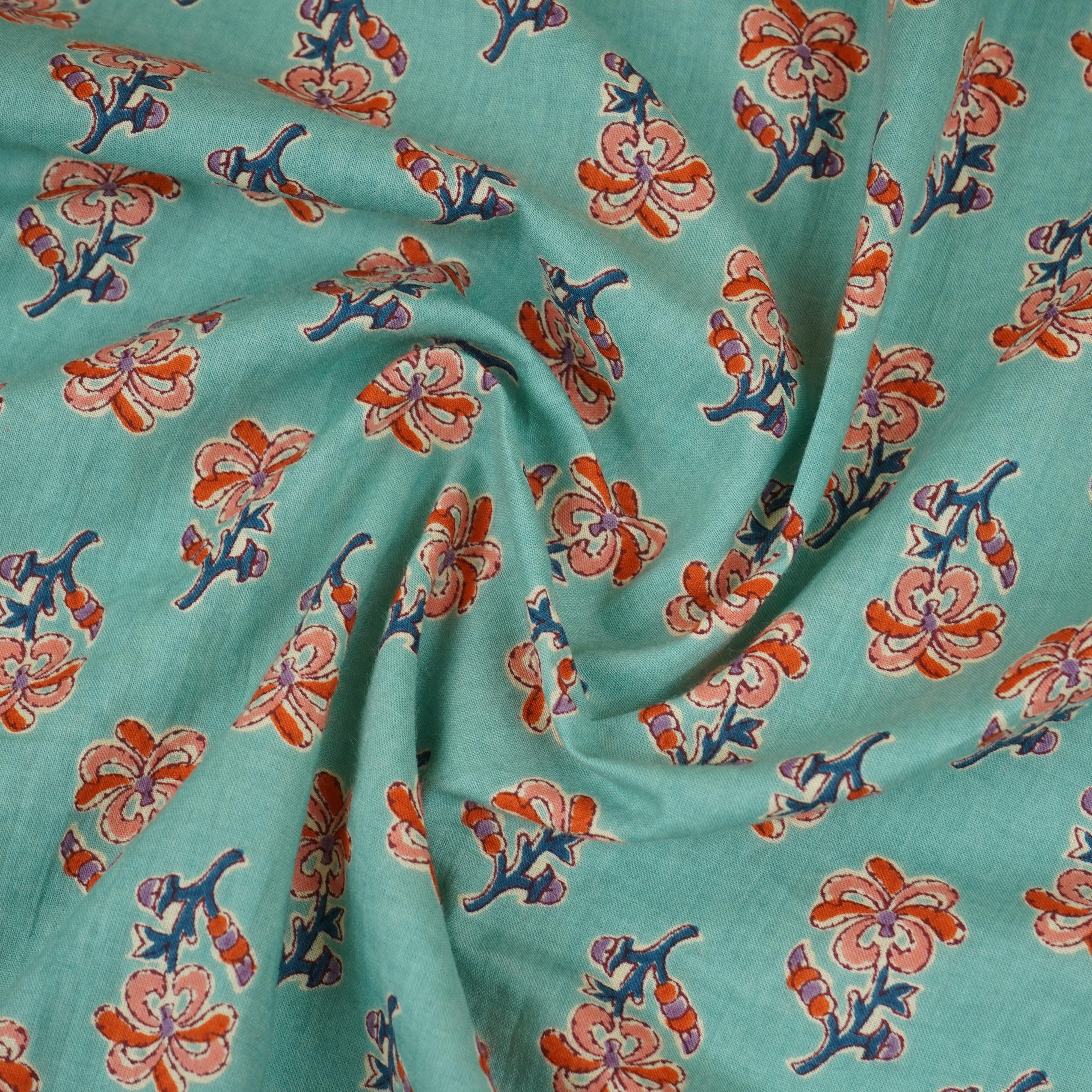 Sea Green Floral Cotton Fabric AFI-29552 - TradeUNO