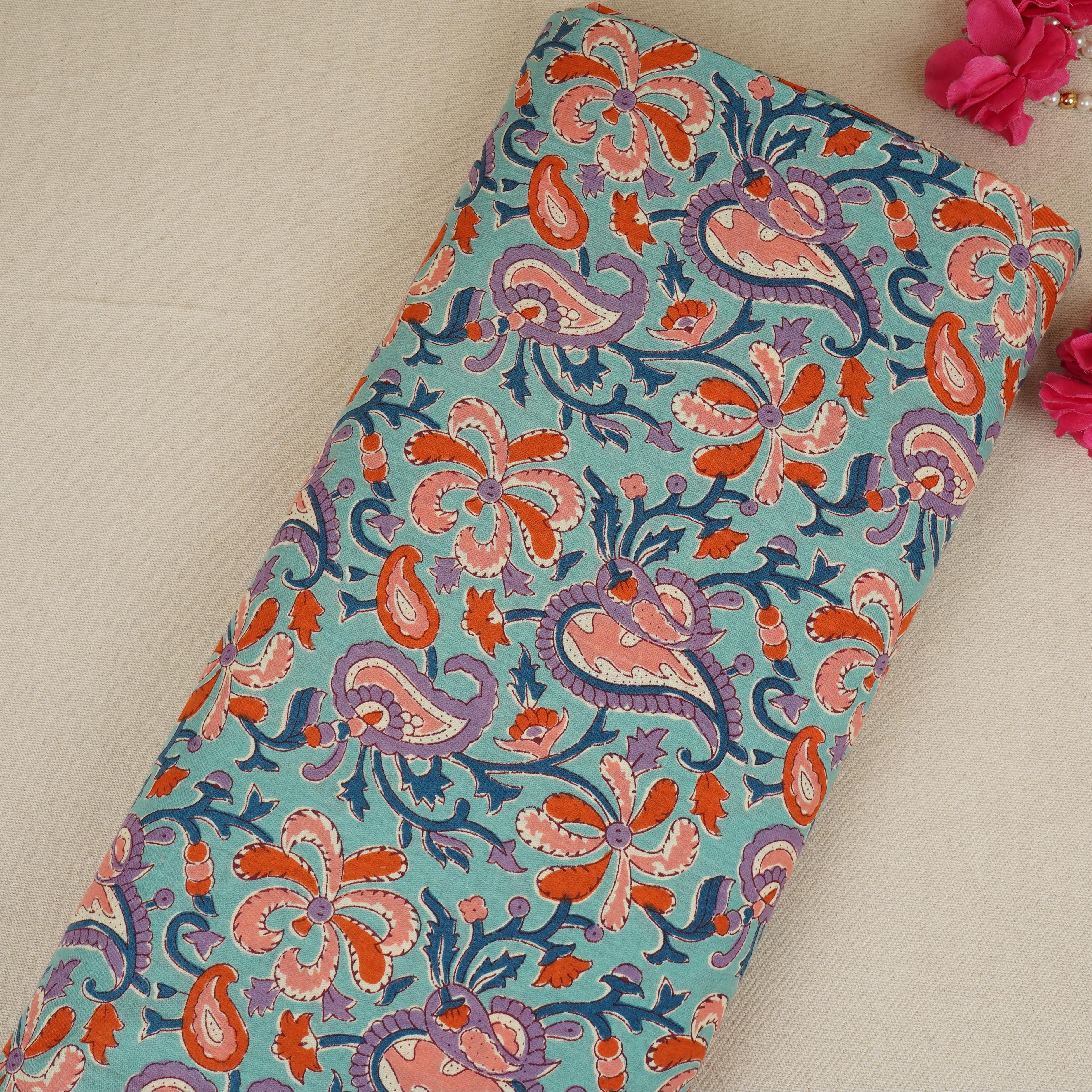 Sea Green Paisley Print Cotton Fabric AFI-29554 - TradeUNO