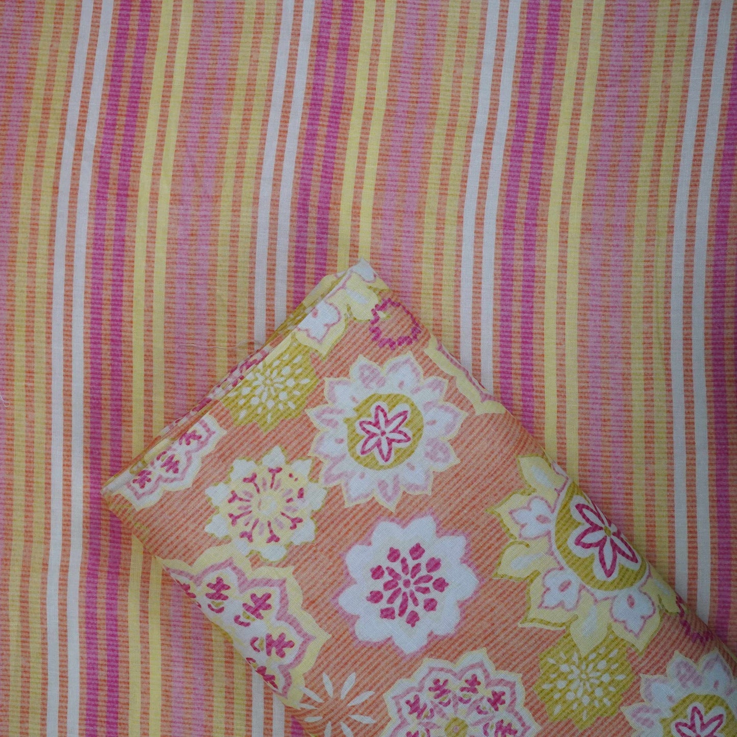 Orange with Multicolor stripes print 40s Pure Linen Fabric VF-31359