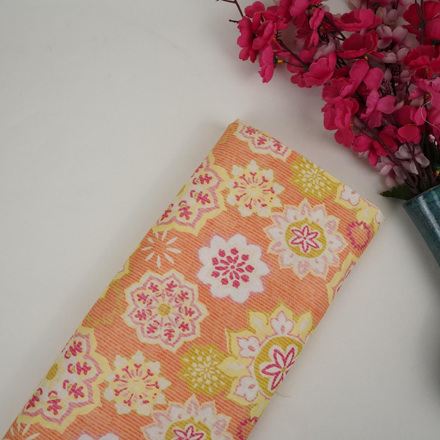 Orange Mandala Floral print 40s Pure Linen Fabric VF-31358
