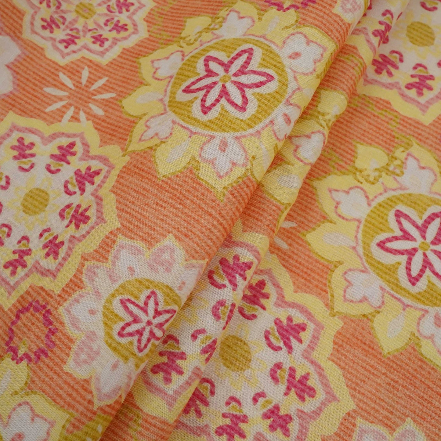 Orange Mandala Floral print 40s Pure Linen Fabric VF-31358