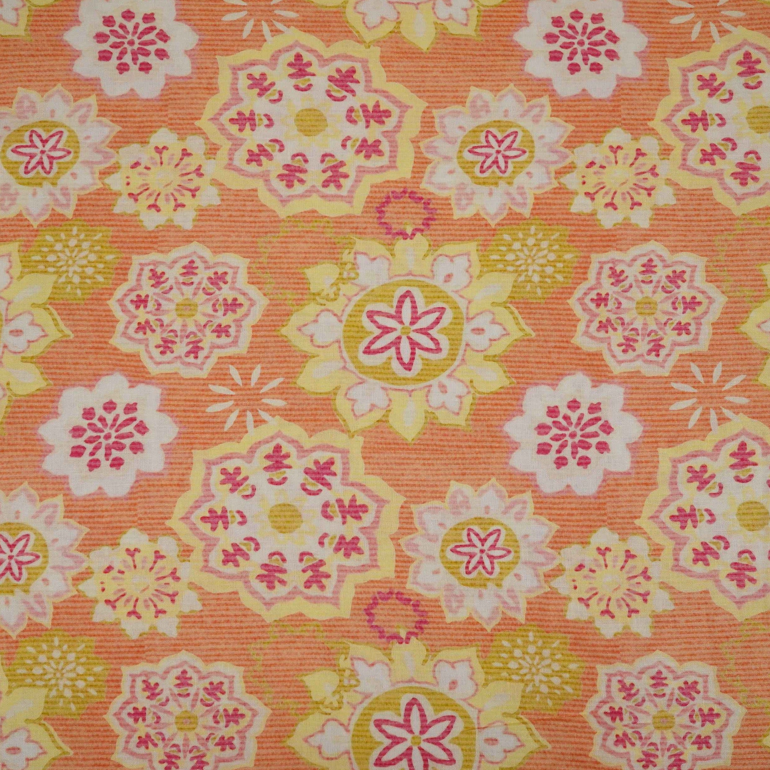 Orange Mandala Floral print 40s Pure Linen Fabric VF-31358 - TradeUNO
