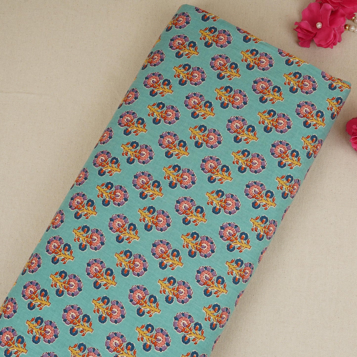 Sea Green Floral Print Cotton Fabric AFI-29550