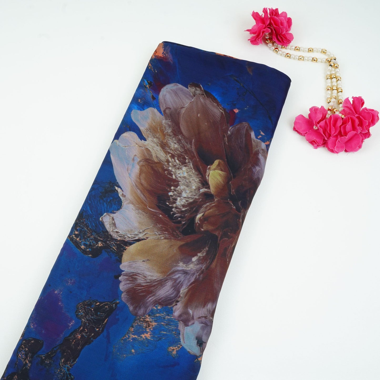 Navy Blue floral print Modal Satin Fabric MTFG-31092