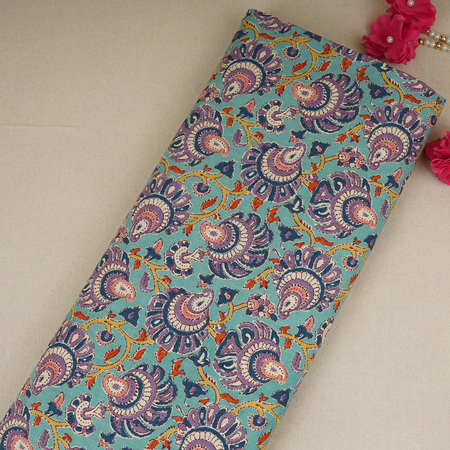 Sea Green Floral Print Cotton Fabric AFI-29563