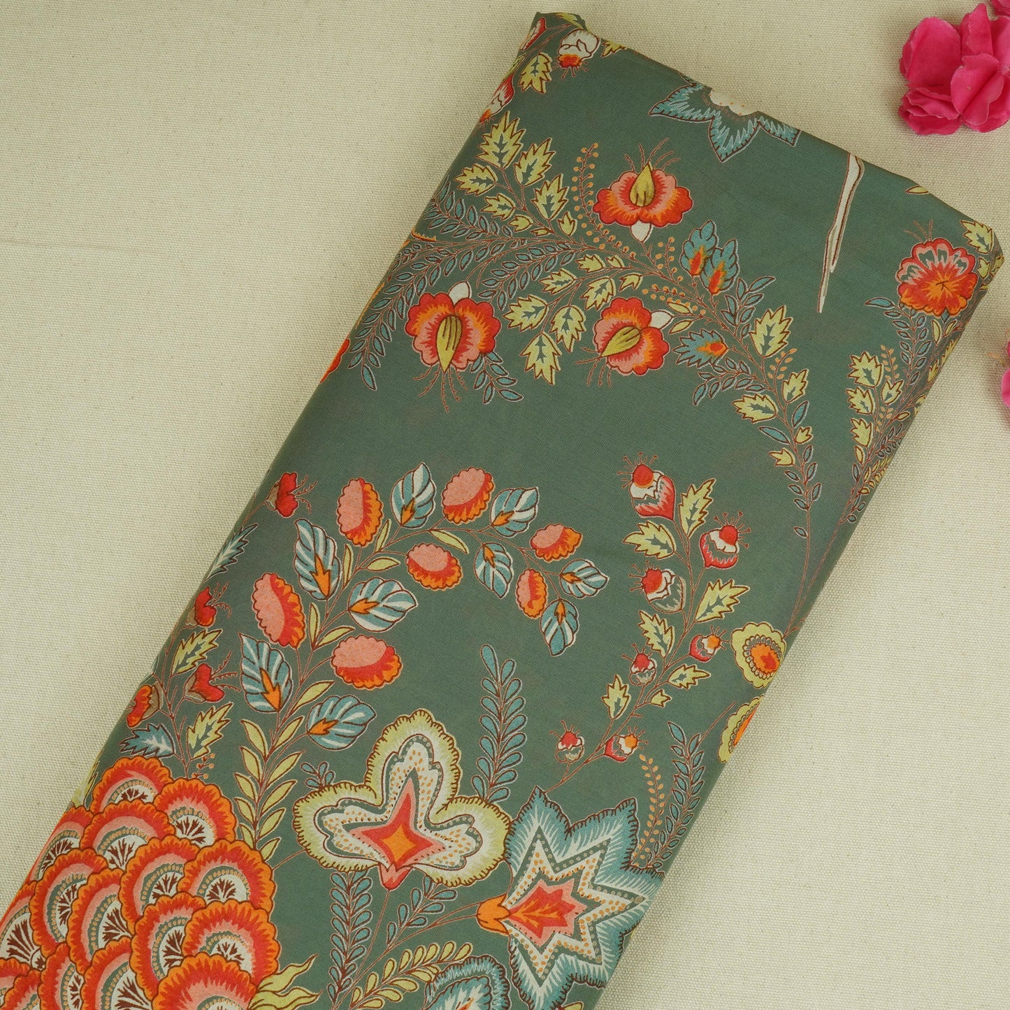 Green Mughal Print Cotton Fabric AFI-29547