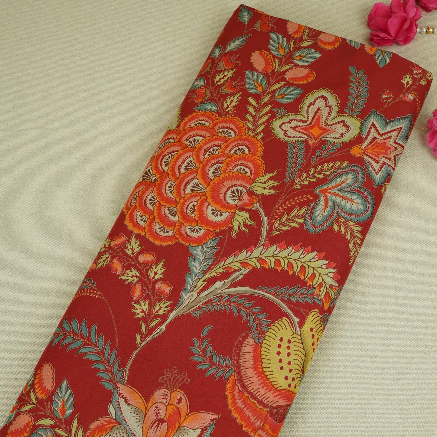 Red Mughal Print Cotton Fabric AFI-29545
