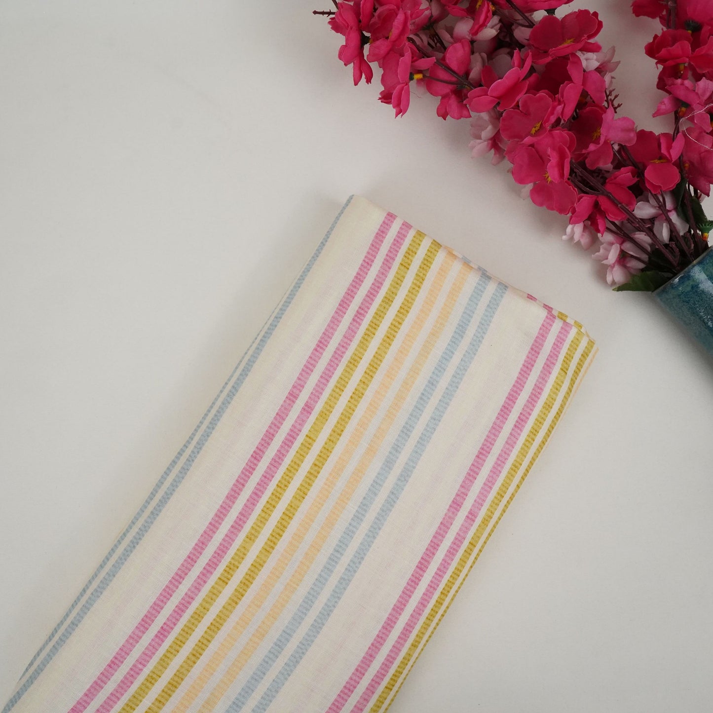 Off White with Multicolor stripes print 40s Pure Linen Fabric VF-31357