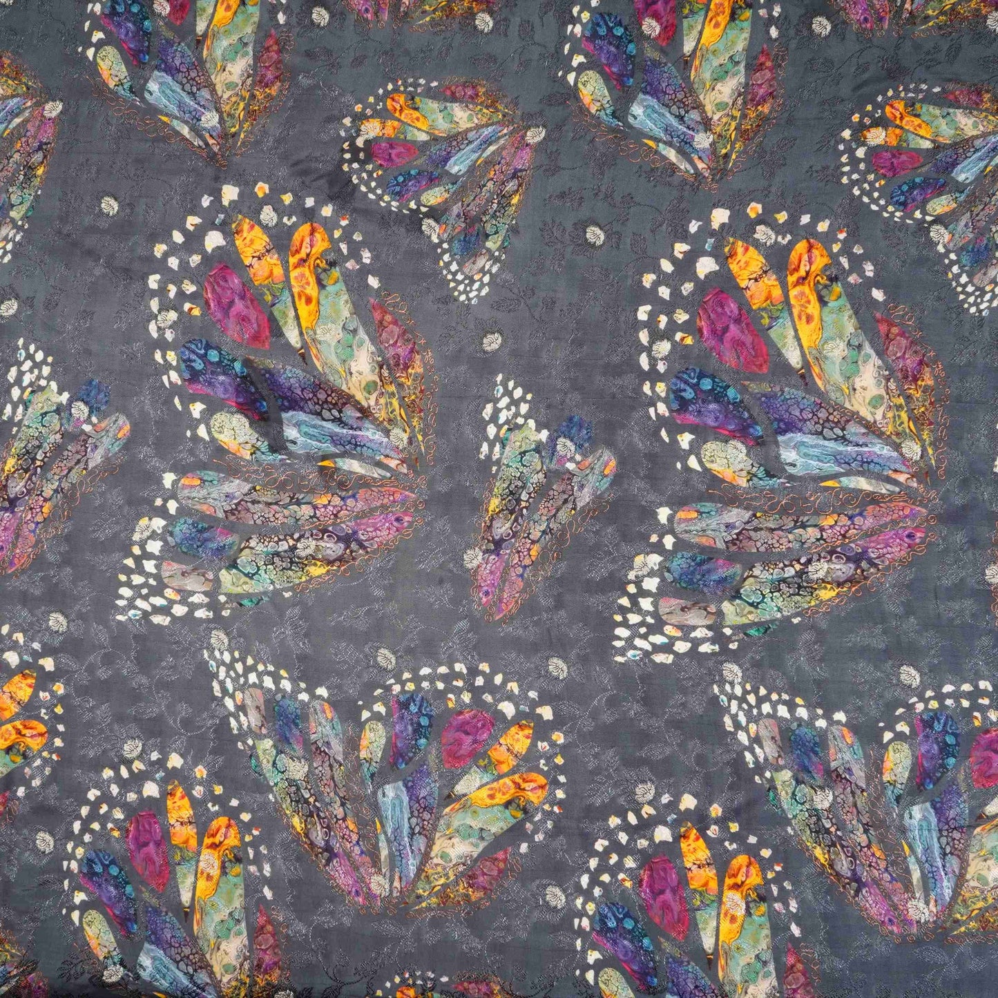 Charcoal Grey floral Jari Jacquard Pure Bemberg Crepe Fabric MTFG-31094