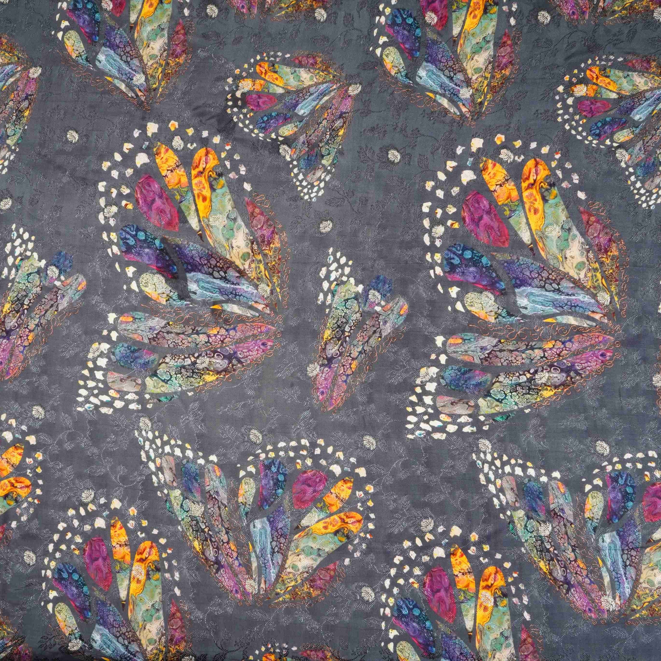 Charcoal Grey floral Jari Jacquard Pure Bemberg Crepe Fabric MTFG-31094 - TradeUNO