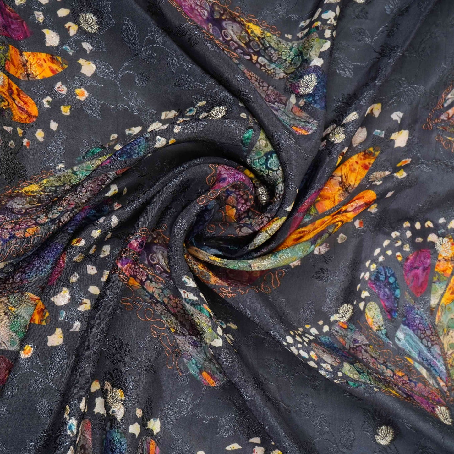 Charcoal Grey floral Jari Jacquard Pure Bemberg Crepe Fabric MTFG-31094