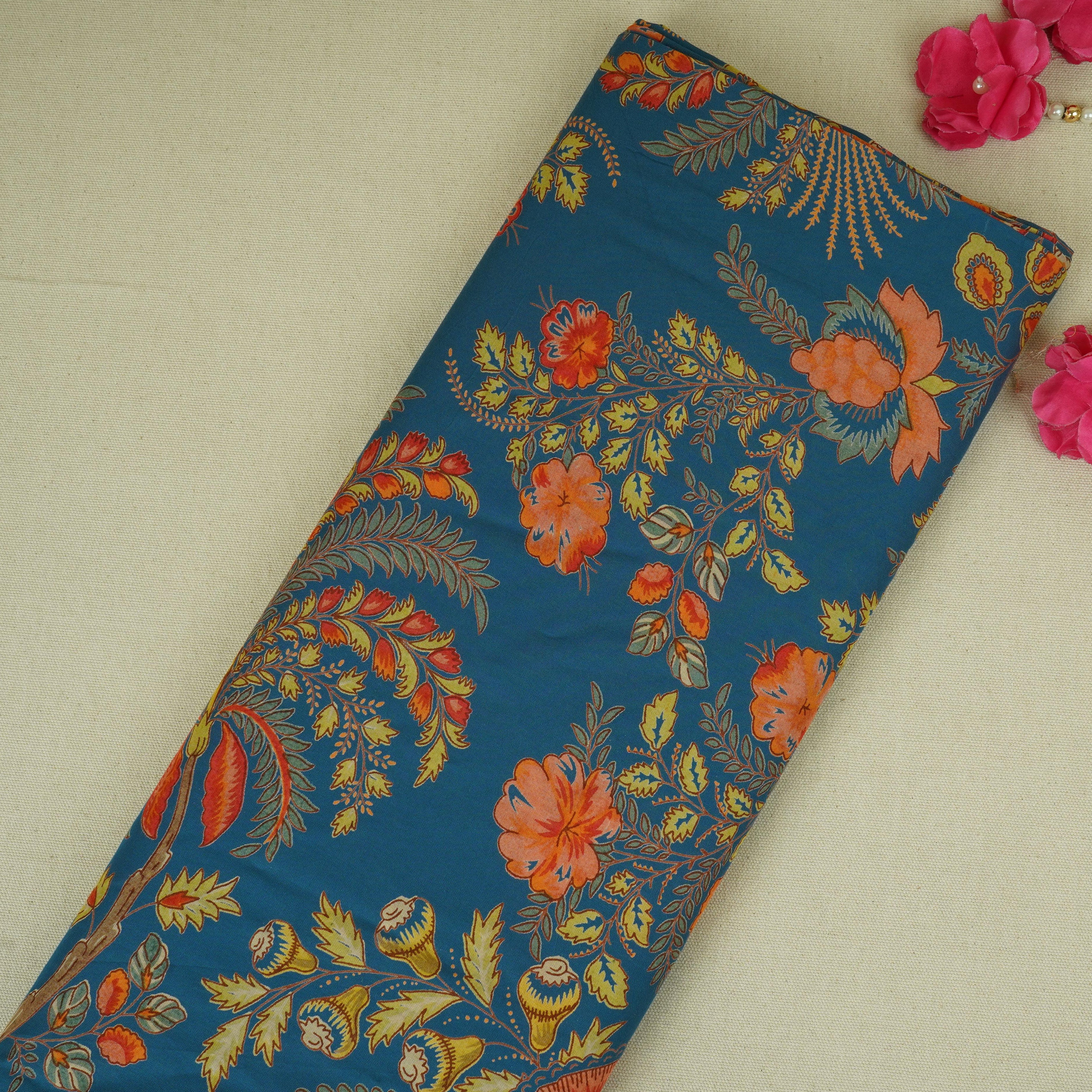 Blue Mughal Print Cotton Fabric AFI-29546 - TradeUNO