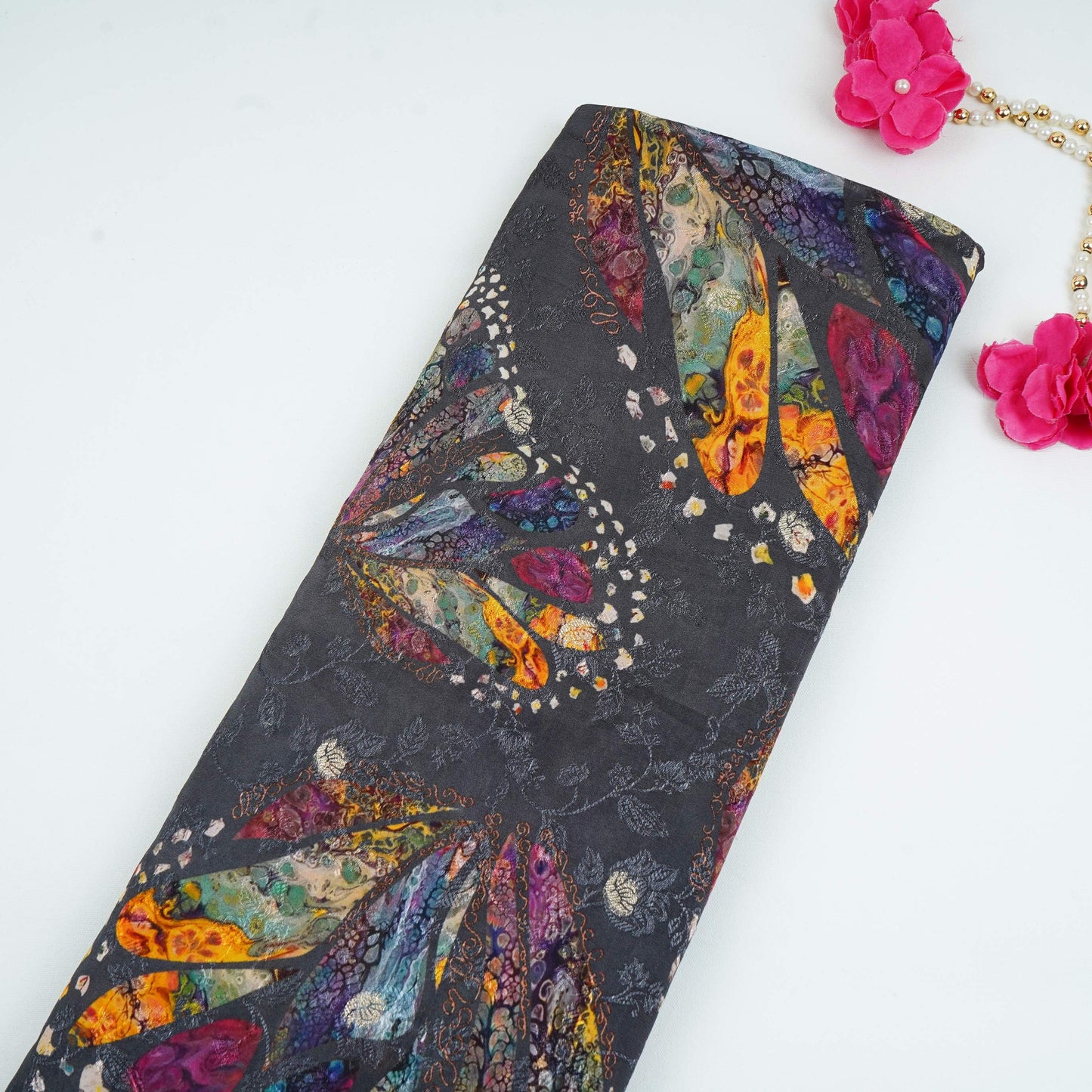 Charcoal Grey floral Jari Jacquard Pure Bemberg Crepe Fabric MTFG-31094