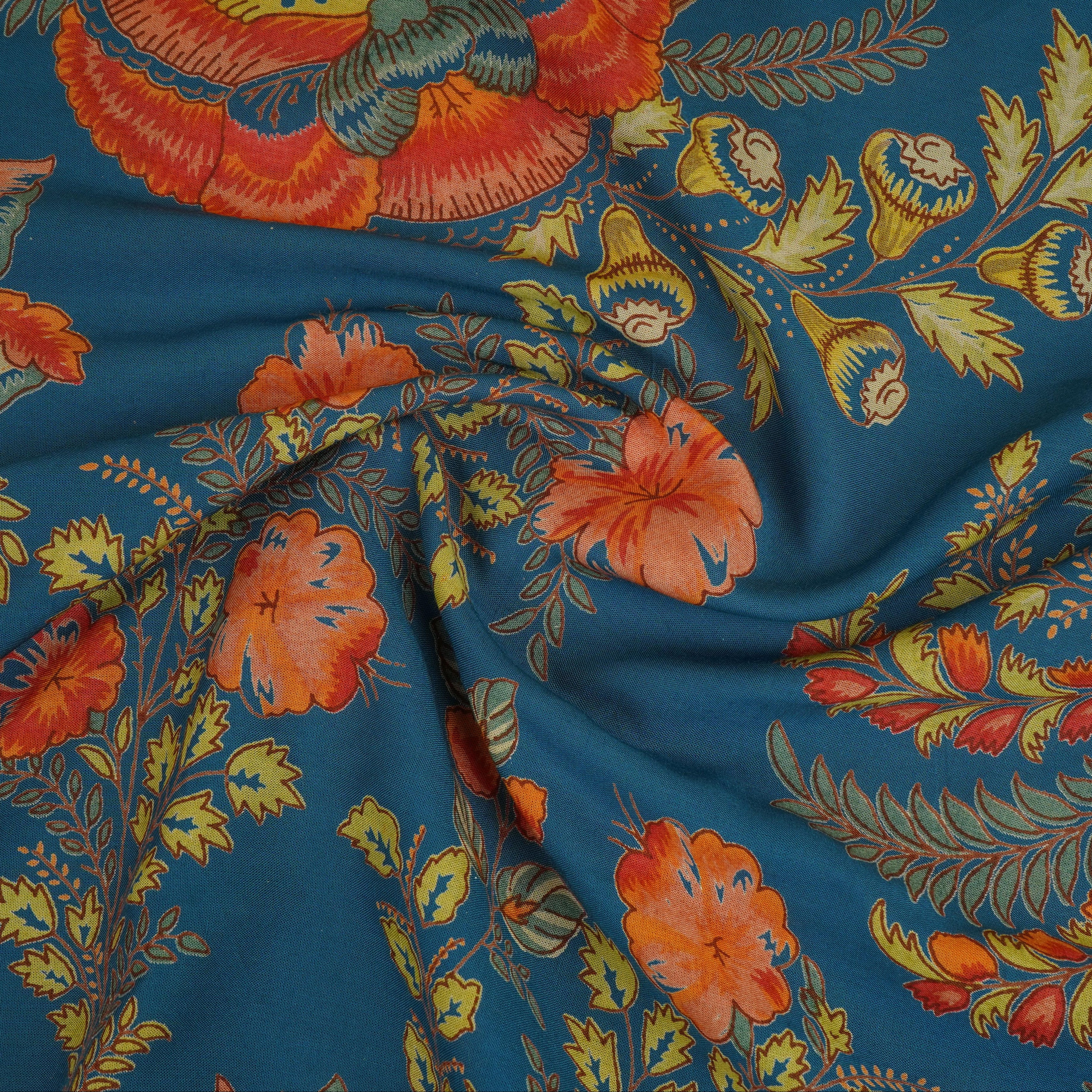 Blue Mughal Print Cotton Fabric AFI-29546 - TradeUNO