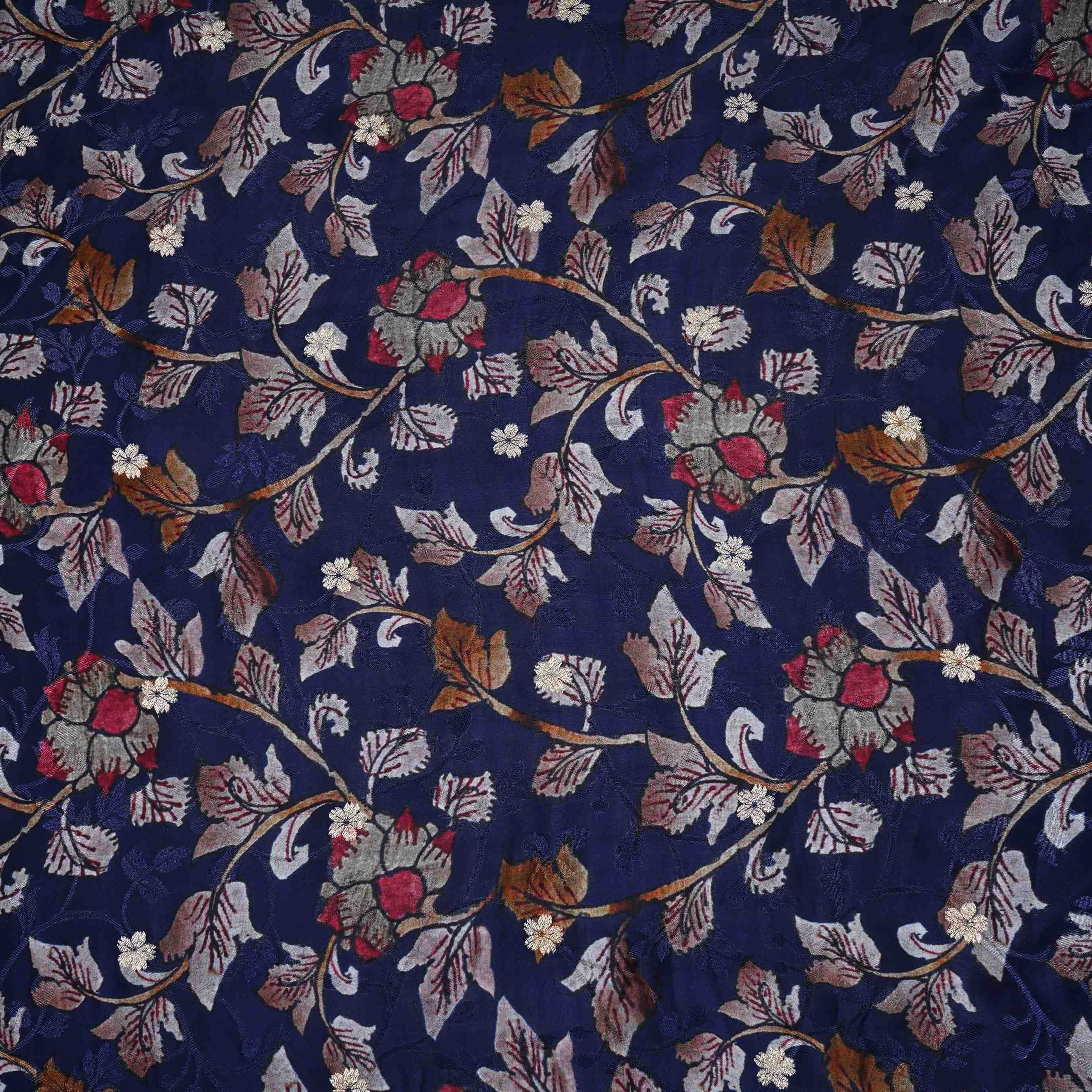 Navy Blue floral Jari Jacquard Pure Bemberg Crepe Fabric MTFG-31095 - TradeUNO