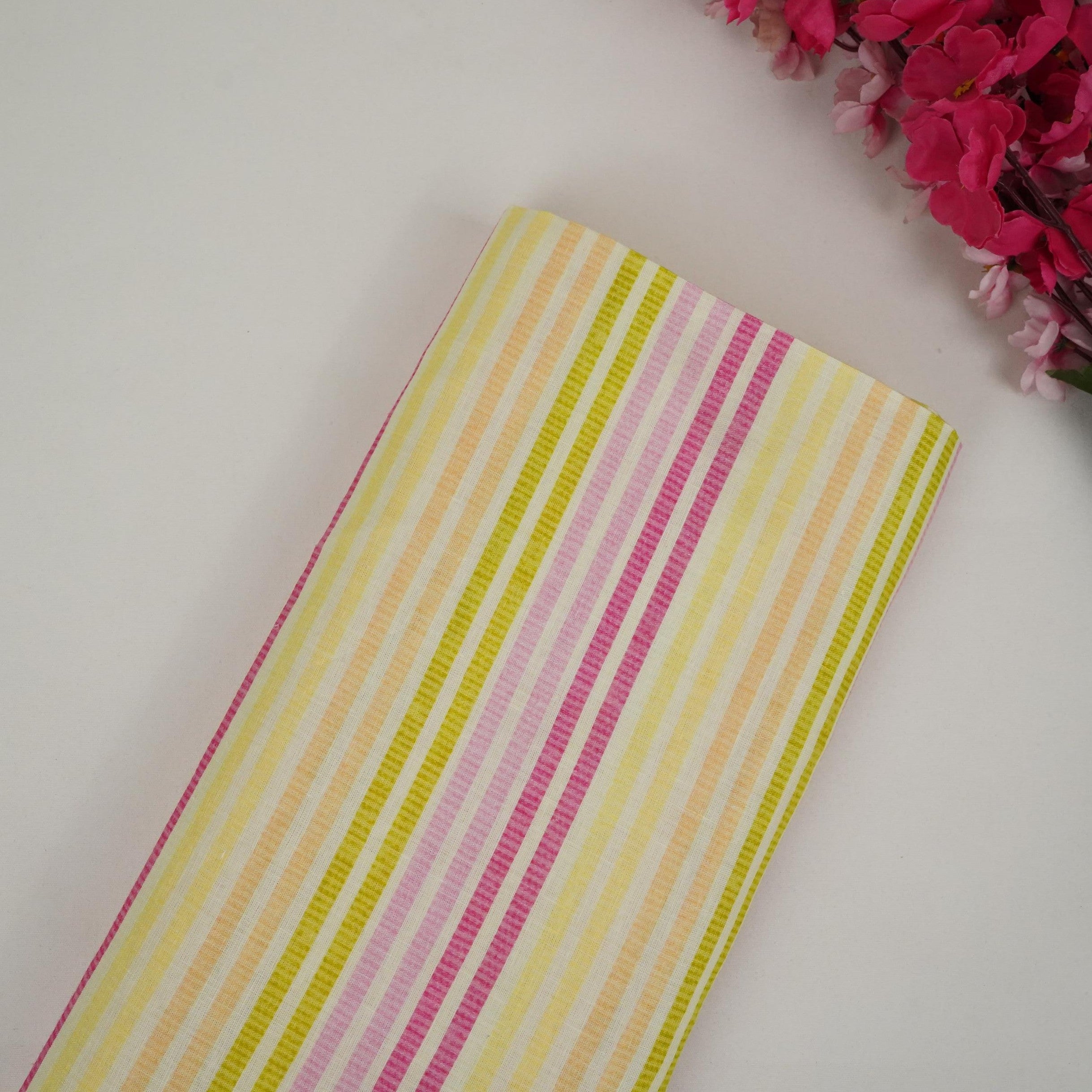 Light Green with Multicolor stripes print 40s Pure Linen Fabric VF-31363 - TradeUNO