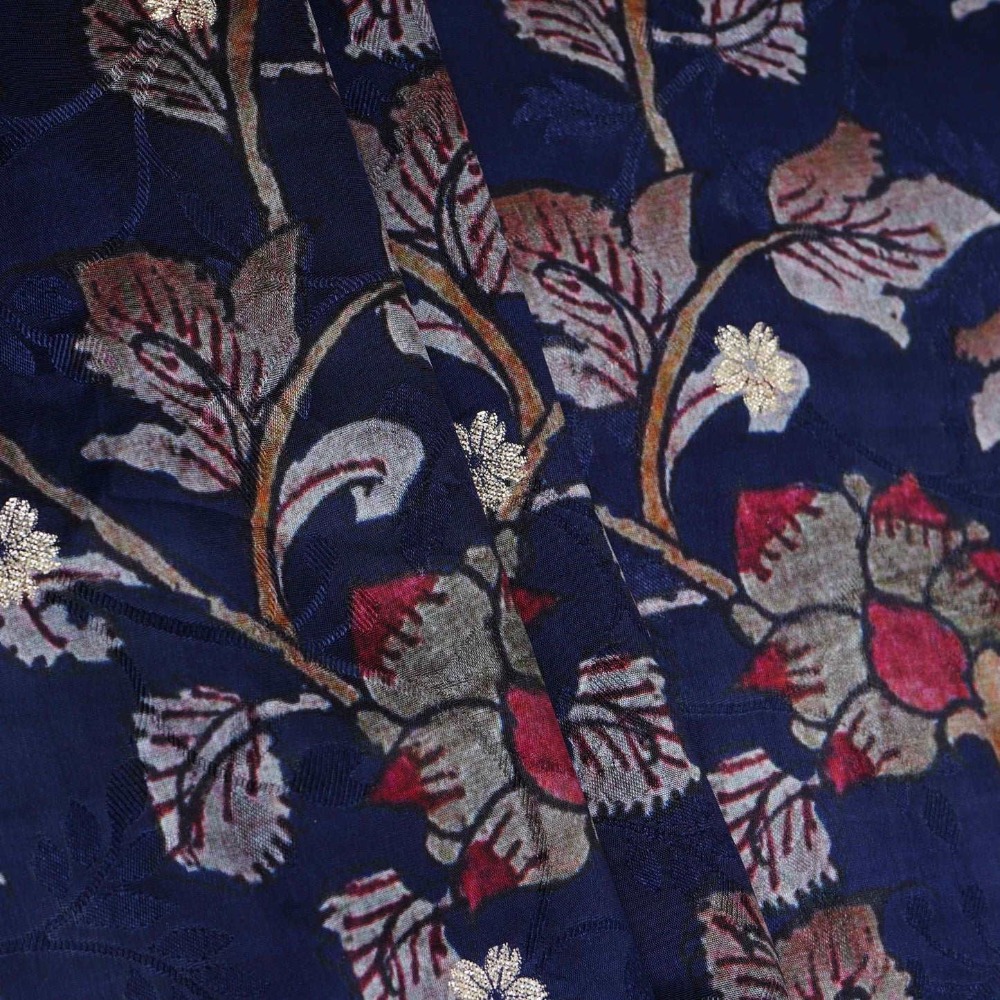 Navy Blue floral Jari Jacquard Pure Bemberg Crepe Fabric MTFG-31095 - TradeUNO