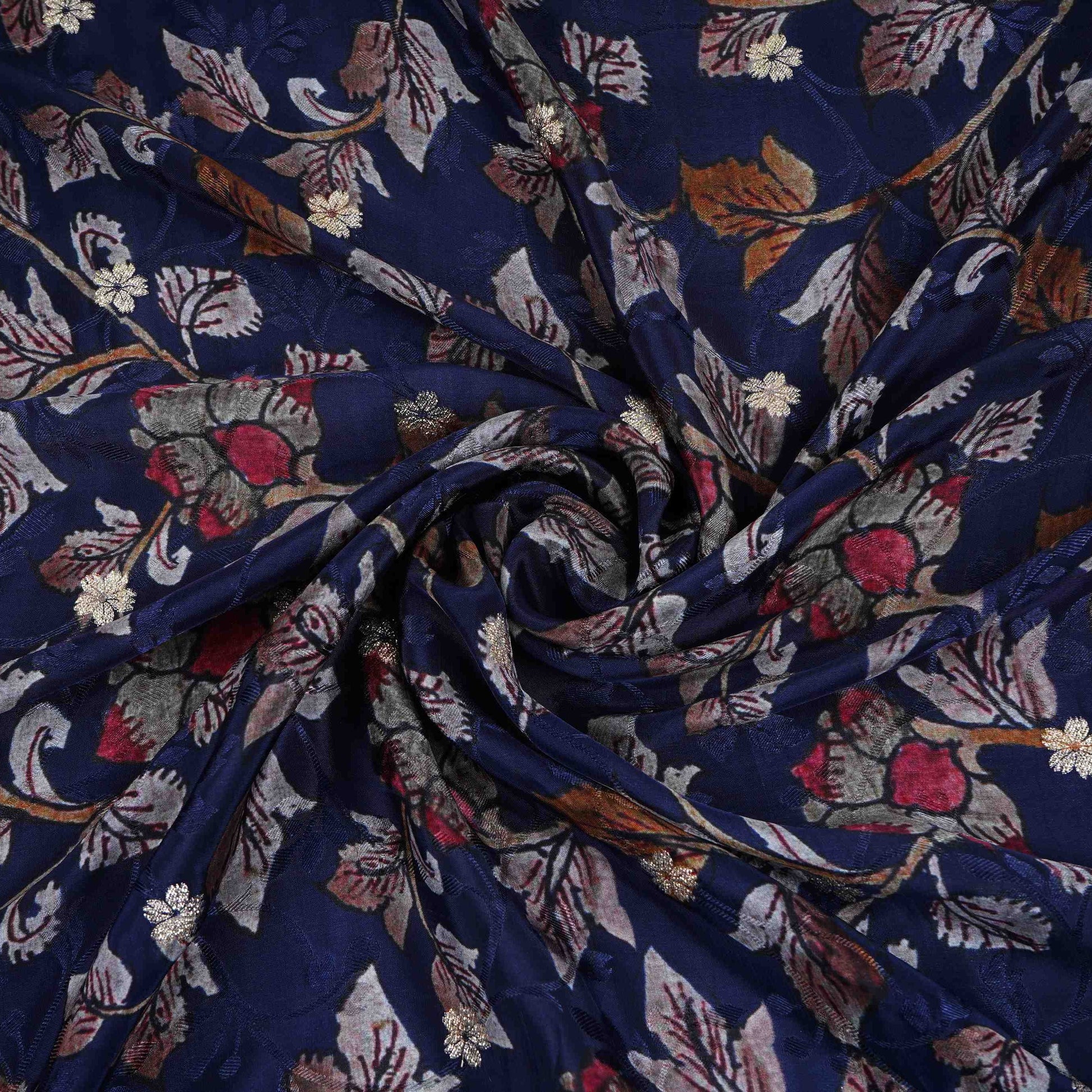 Navy Blue floral Jari Jacquard Pure Bemberg Crepe Fabric MTFG-31095 - TradeUNO