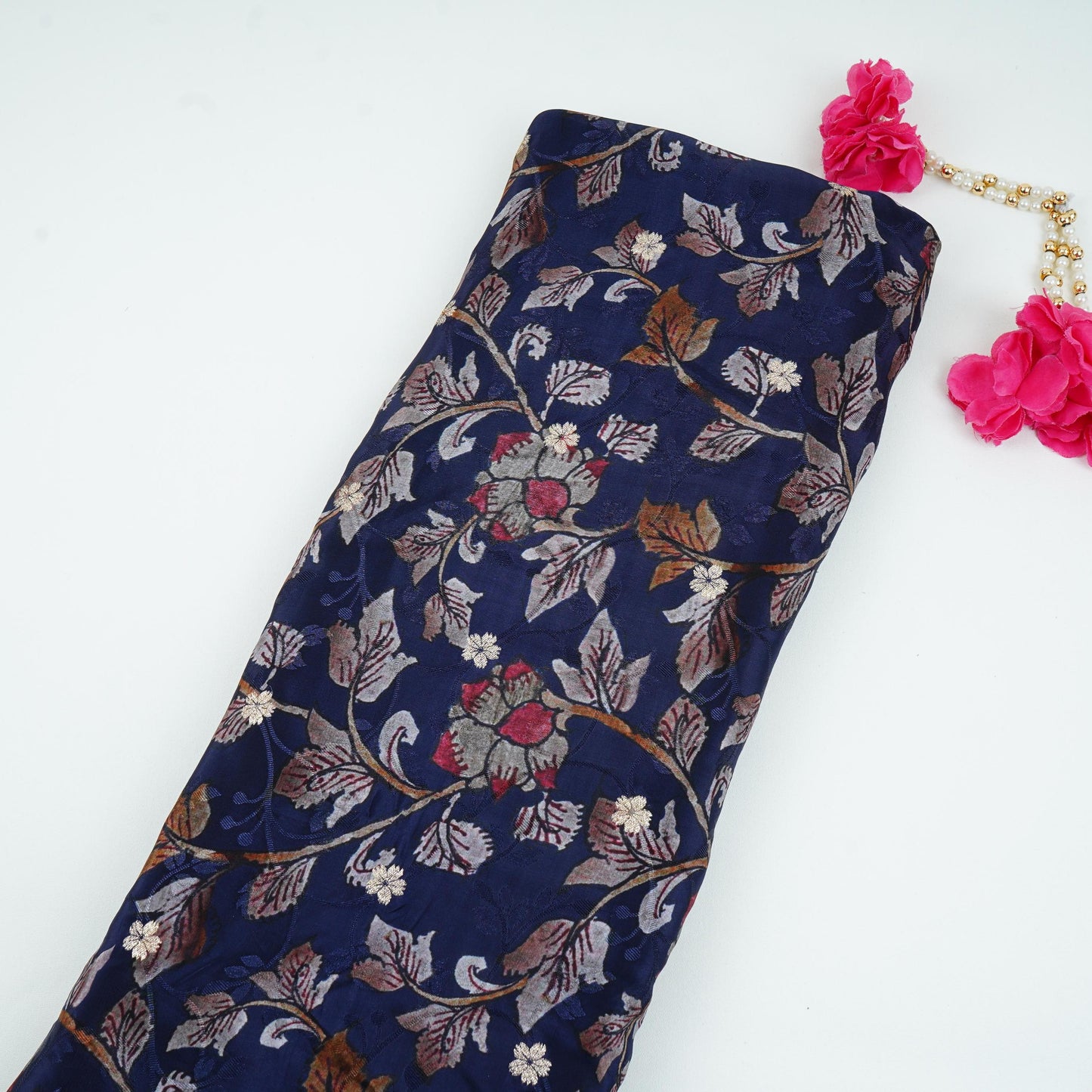 Navy Blue floral Jari Jacquard Pure Bemberg Crepe Fabric MTFG-31095 - TradeUNO