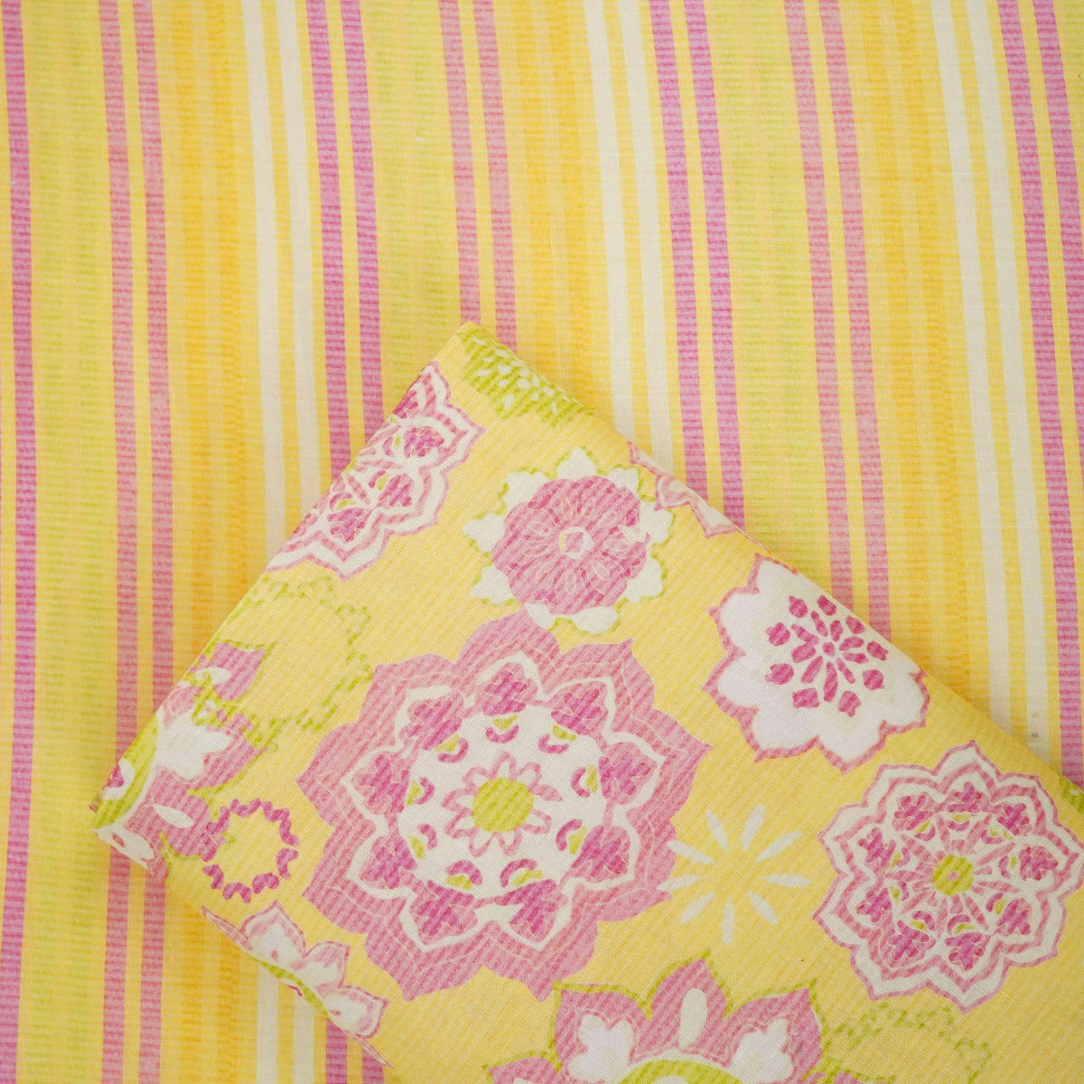Yellow with Multicolor stripes print 40s Pure Linen Fabric VF-31361 - TradeUNO