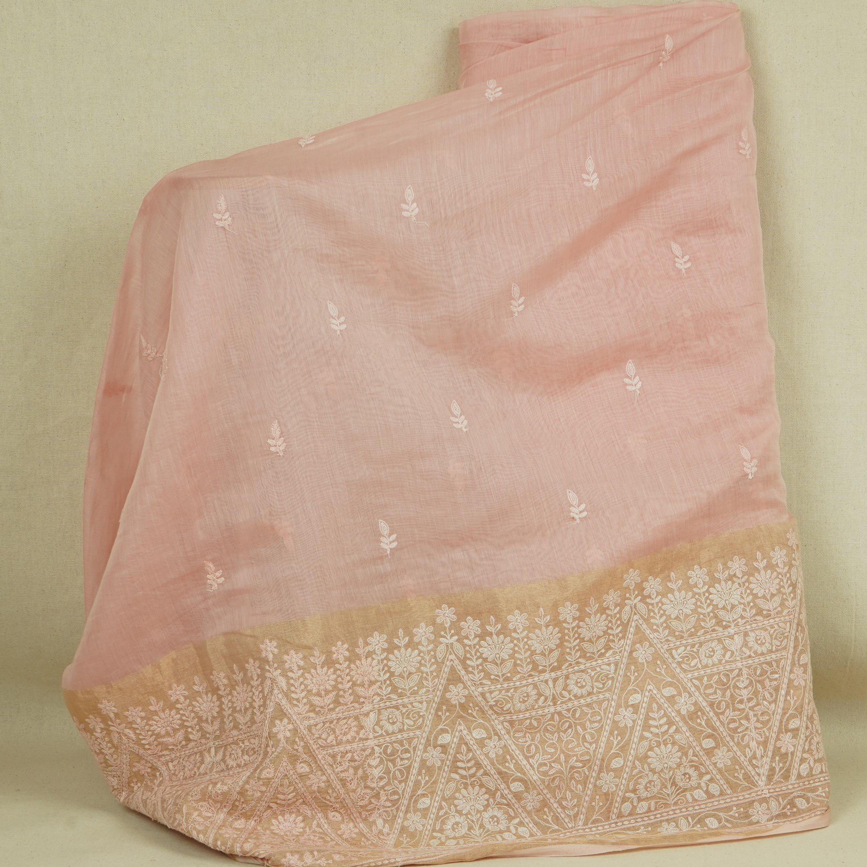 Pink Chikankari embroidery with Tissue border Mul Chanderi Fabric SNA-29636 - TradeUNO