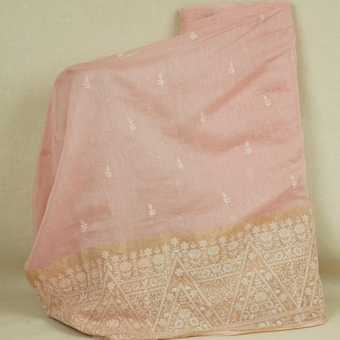 Pink Chikankari embroidery with Tissue border Mul Chanderi Fabric SNA-29636