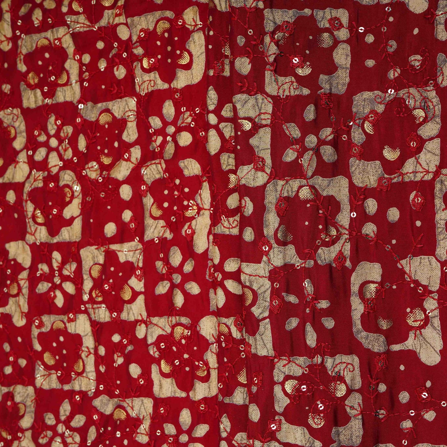 Maroon Foil Batik print embroidery Eri Cotton Silk Fabric MTFG-31055