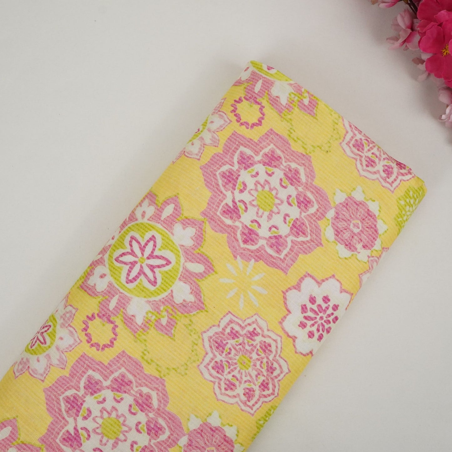 Yellow Mandala Floral print 40s Pure Linen Fabric VF-31360
