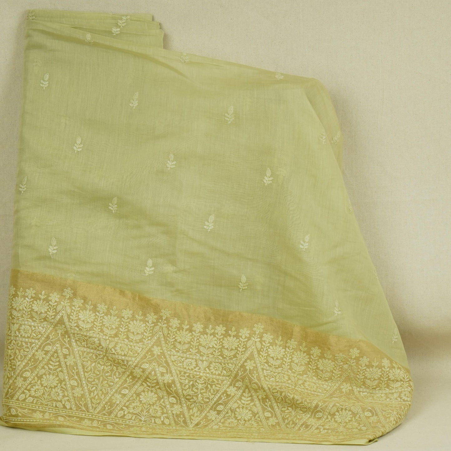 Parrot Green Chikankari embroidery with Tissue border Mul Chanderi Fabric SNA-29637
