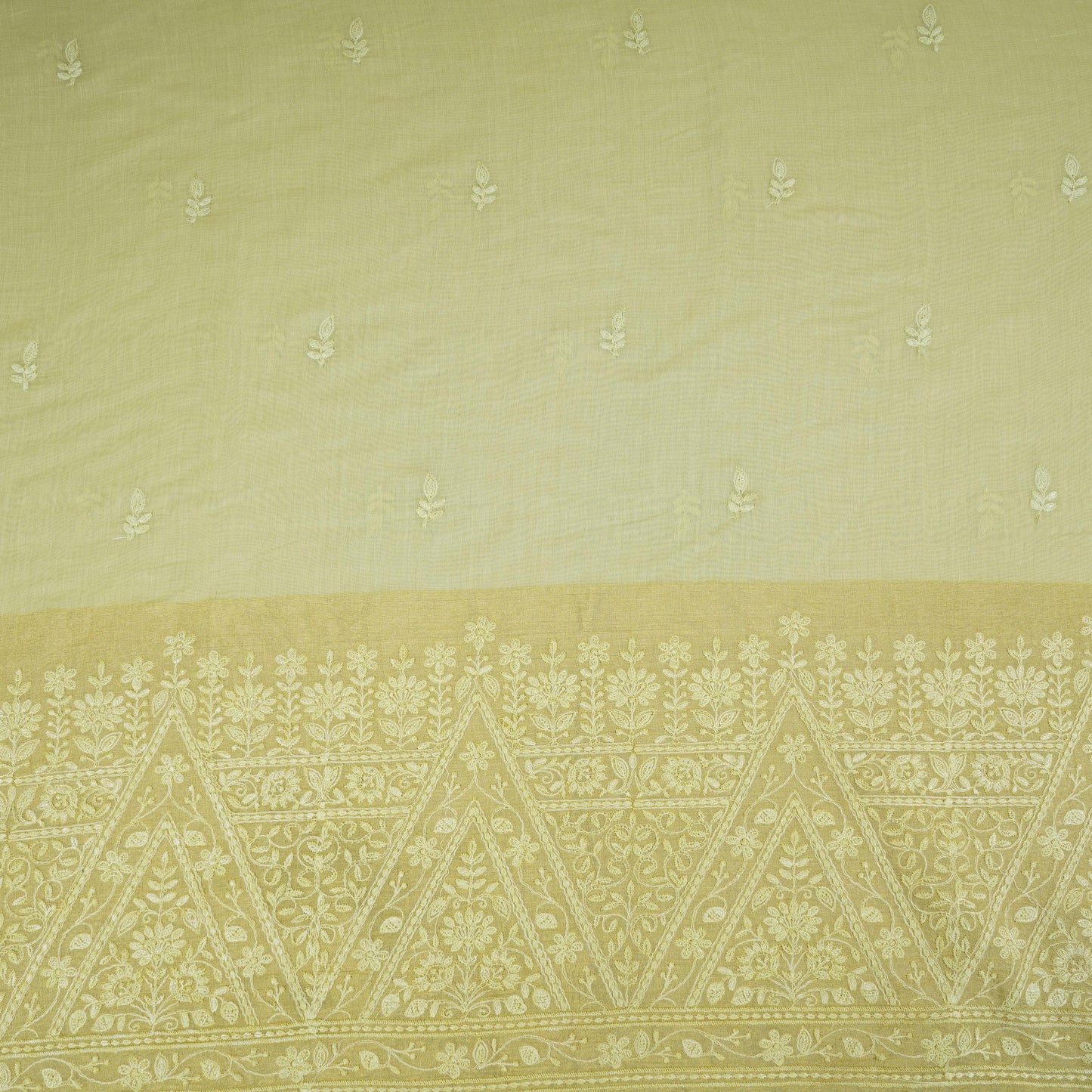 Parrot Green Chikankari embroidery with Tissue border Mul Chanderi Fabric SNA-29637