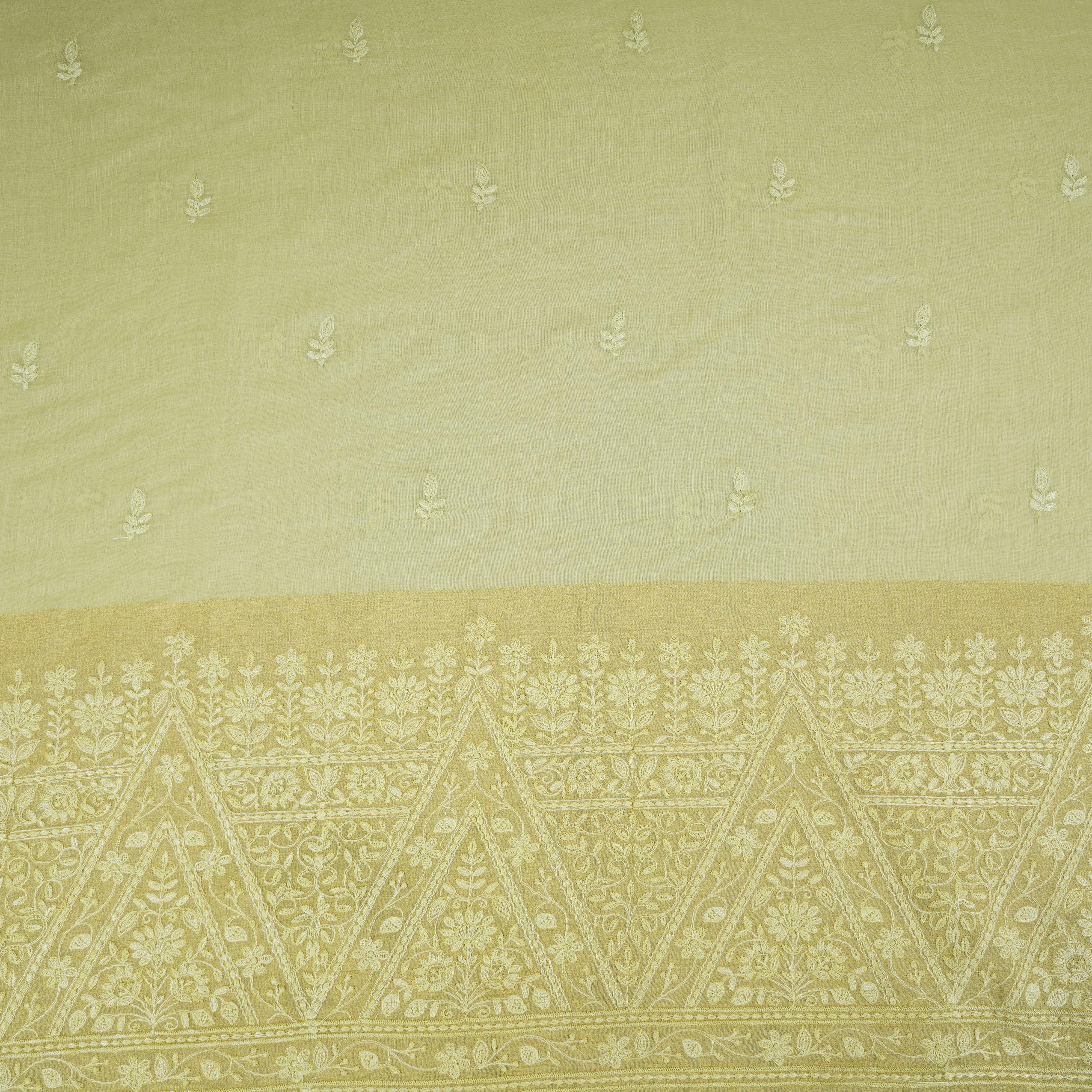 Parrot Green Chikankari embroidery with Tissue border Mul Chanderi Fabric SNA-29637 - TradeUNO