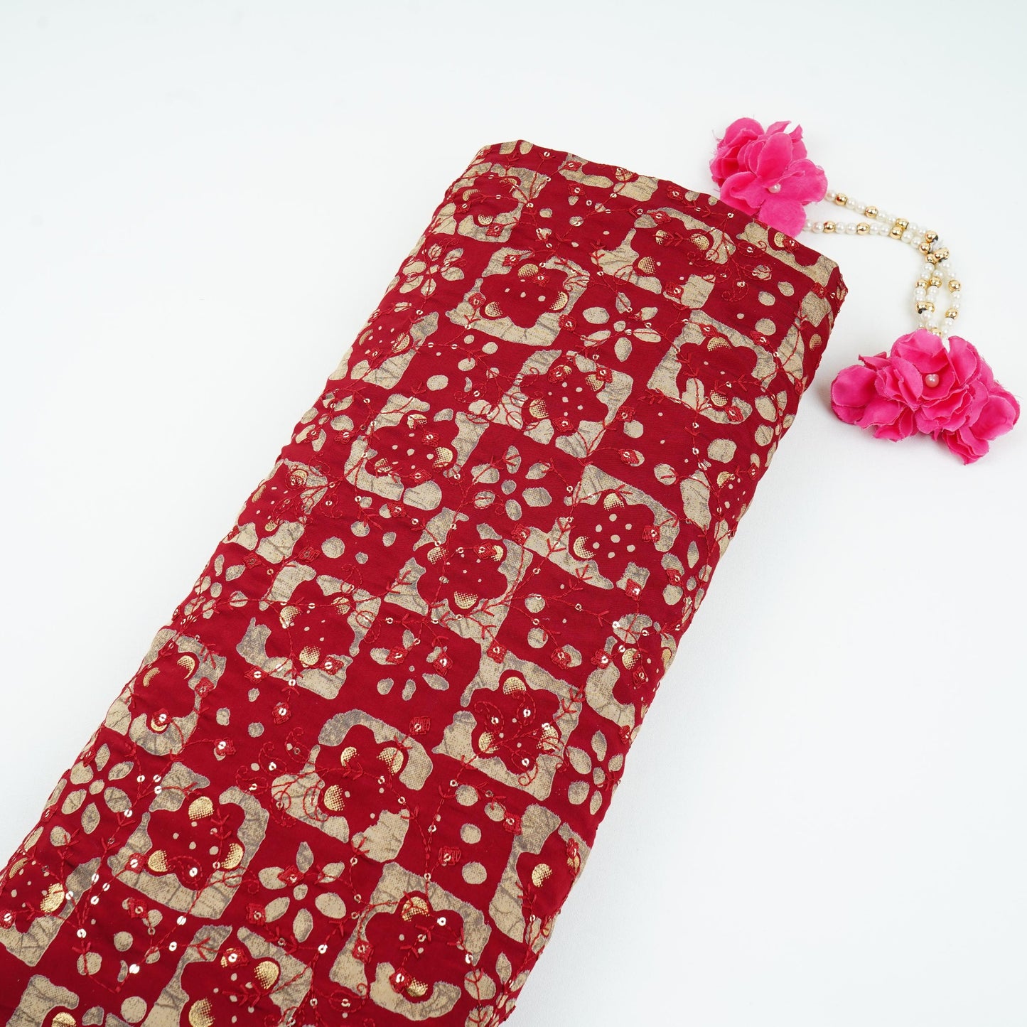 Maroon Foil Batik print embroidery Eri Cotton Silk Fabric MTFG-31055