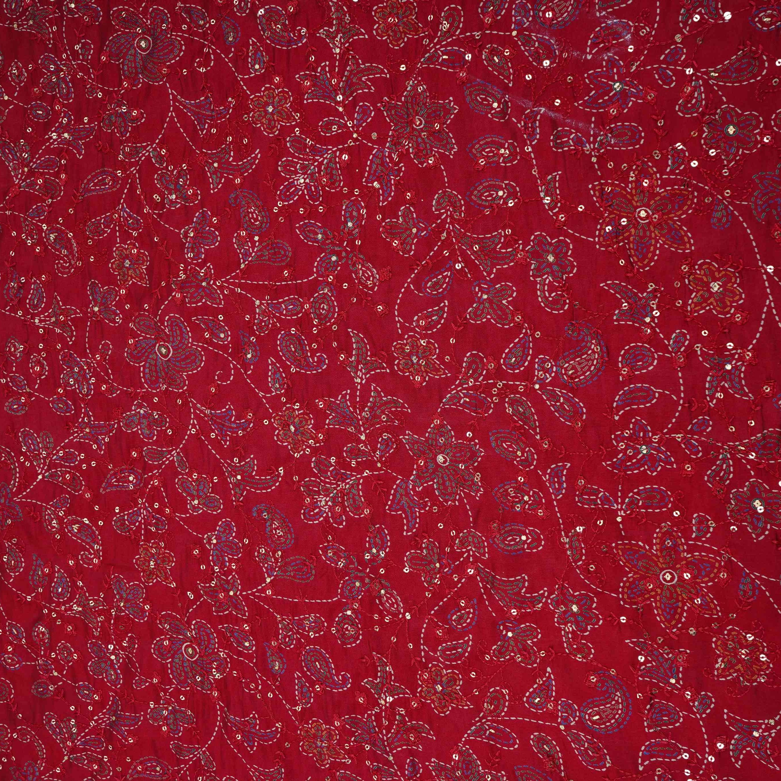 Red Foil floral embroidery Eri Cotton Silk Fabric MTFG-31060 - TradeUNO