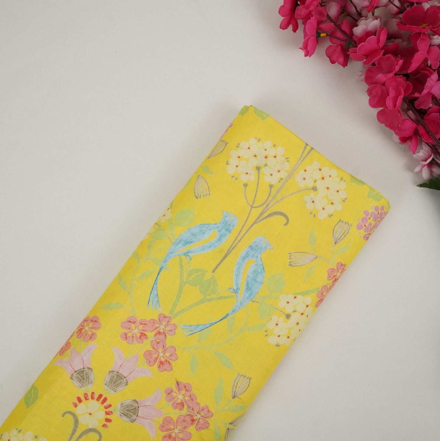 Lemon Yellow Tropical Floral print 40s Pure Linen Fabric VF-31354