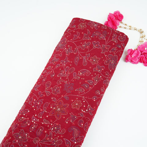 Red Foil floral embroidery Eri Cotton Silk Fabric MTFG-31060