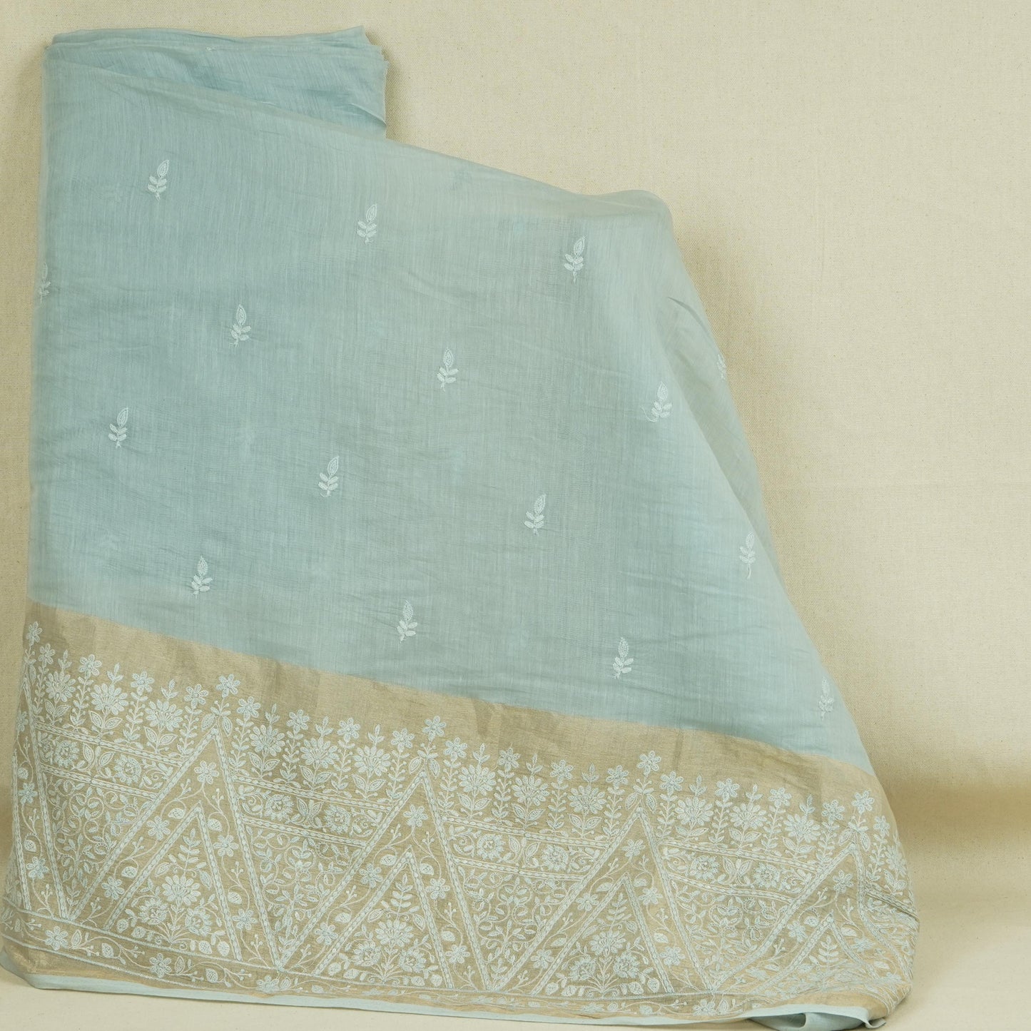 Sky Blue Chikankari embroidery with Tissue border Mul Chanderi Fabric SNA-29638