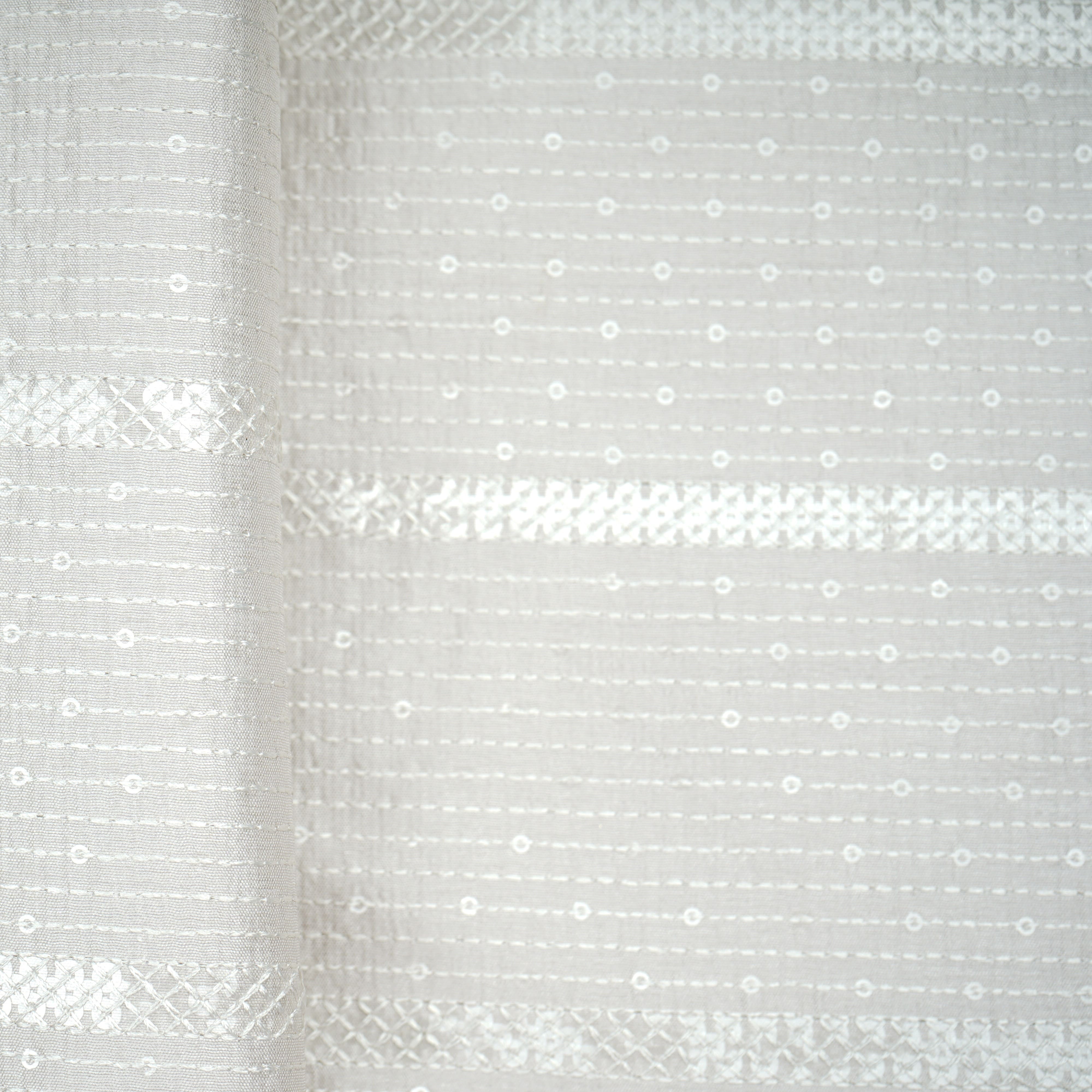 Light Beige Thread Sequins Embroidery Russian Silk Fabric 19532